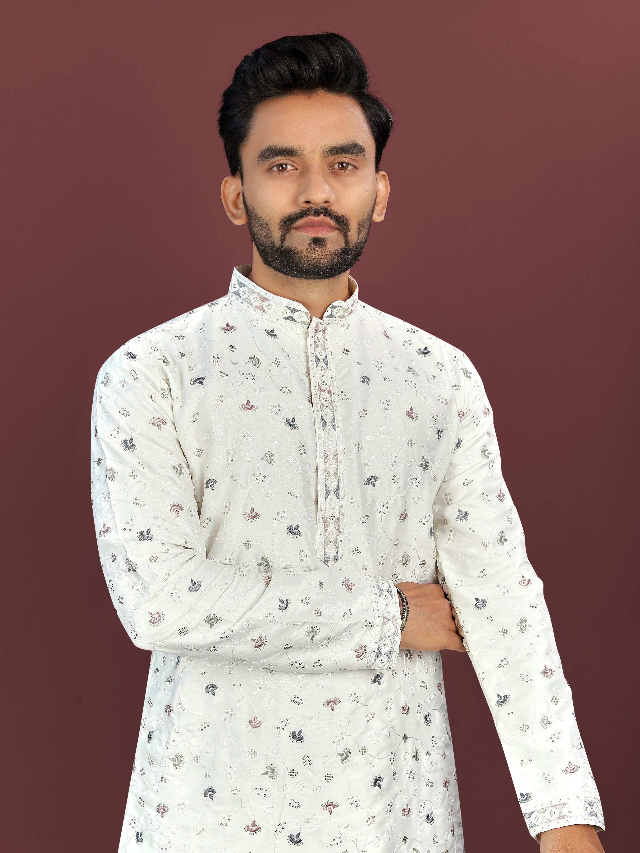 Men’s Multi-Colour Embroidery Kurta White