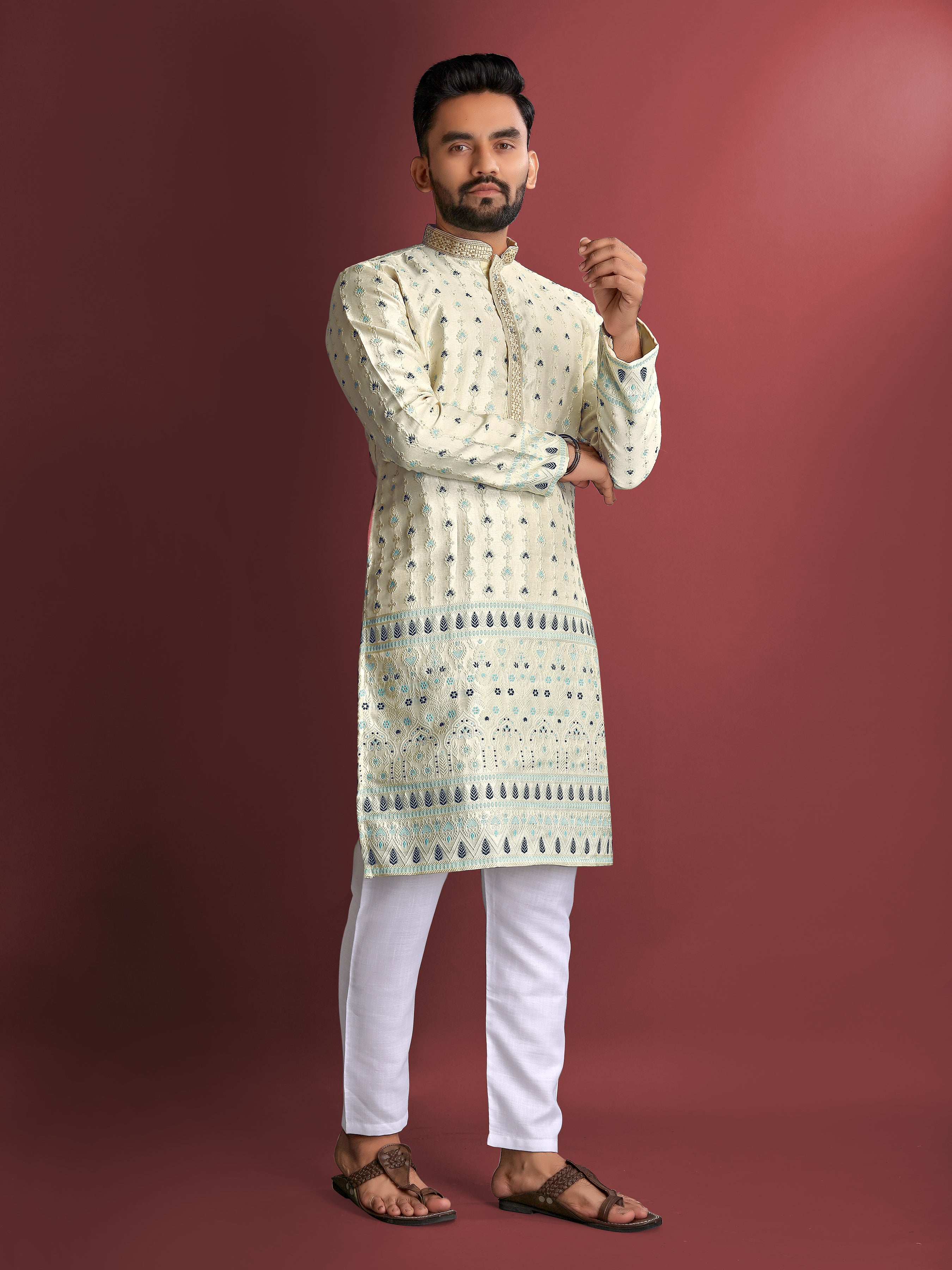 Men’s Silk Kurta with Amboj Work & Daman Border beige