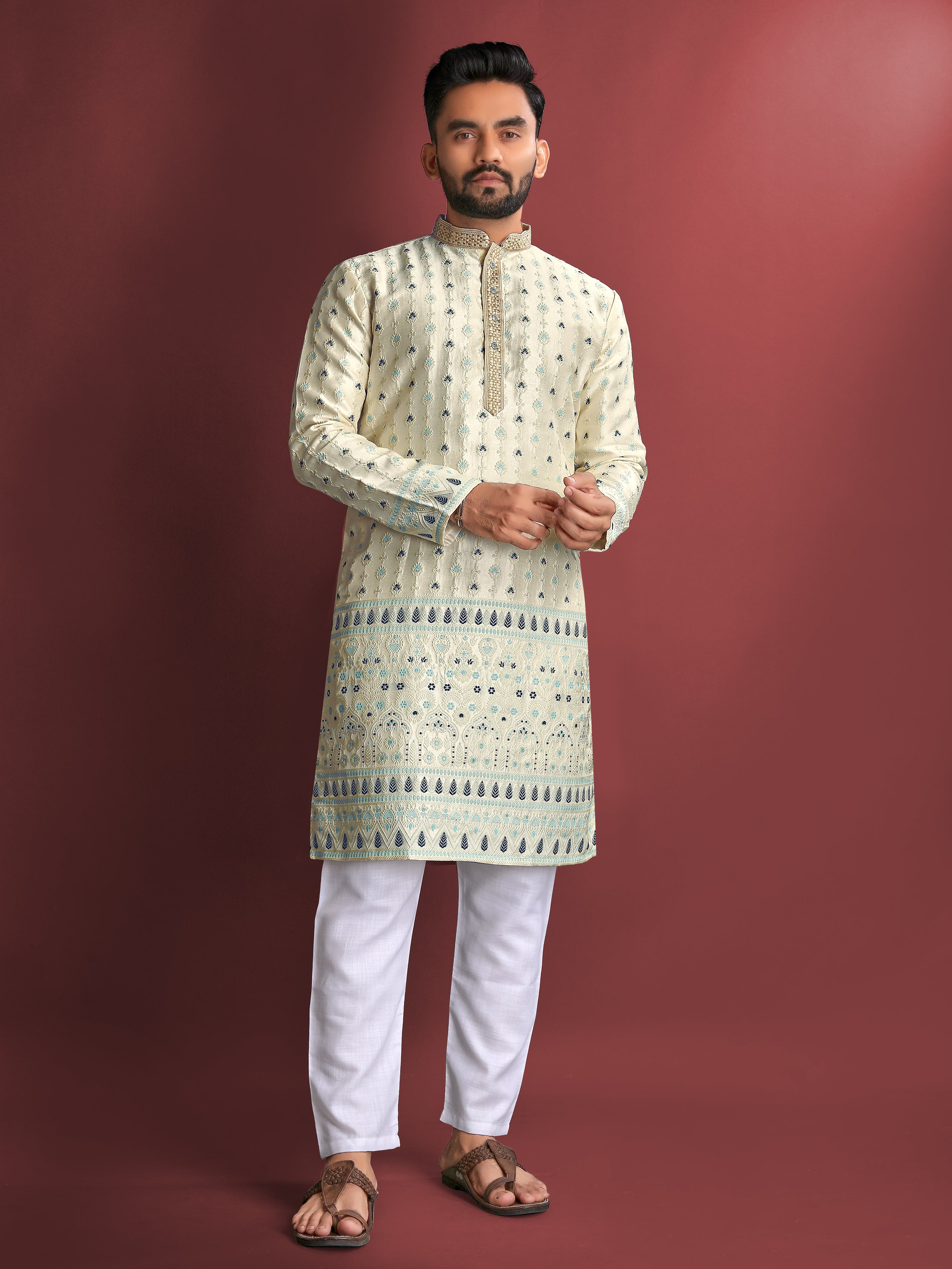 Men’s Silk Kurta with Amboj Work & Daman Border beige