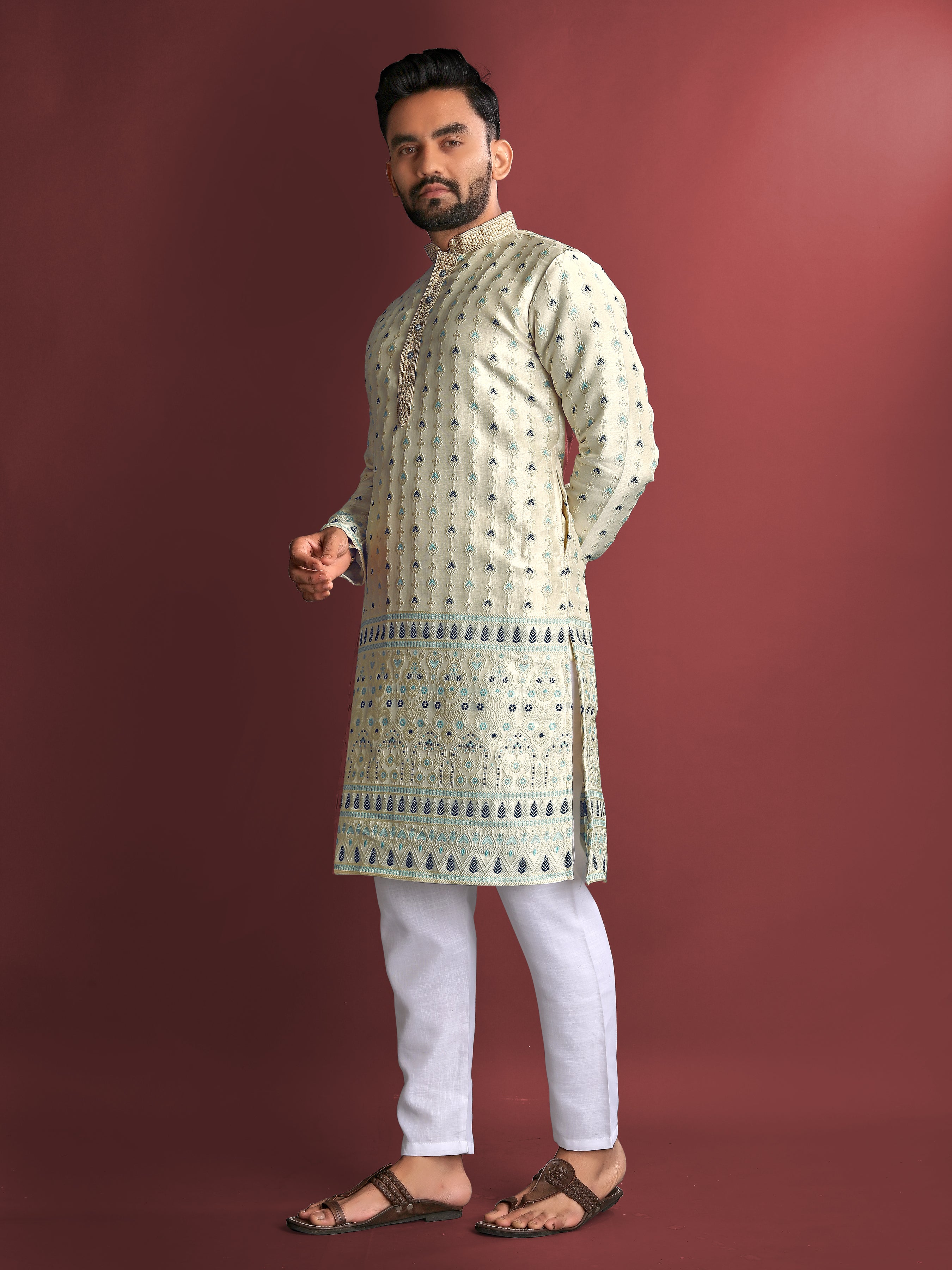 Men’s Silk Kurta with Amboj Work & Daman Border beige
