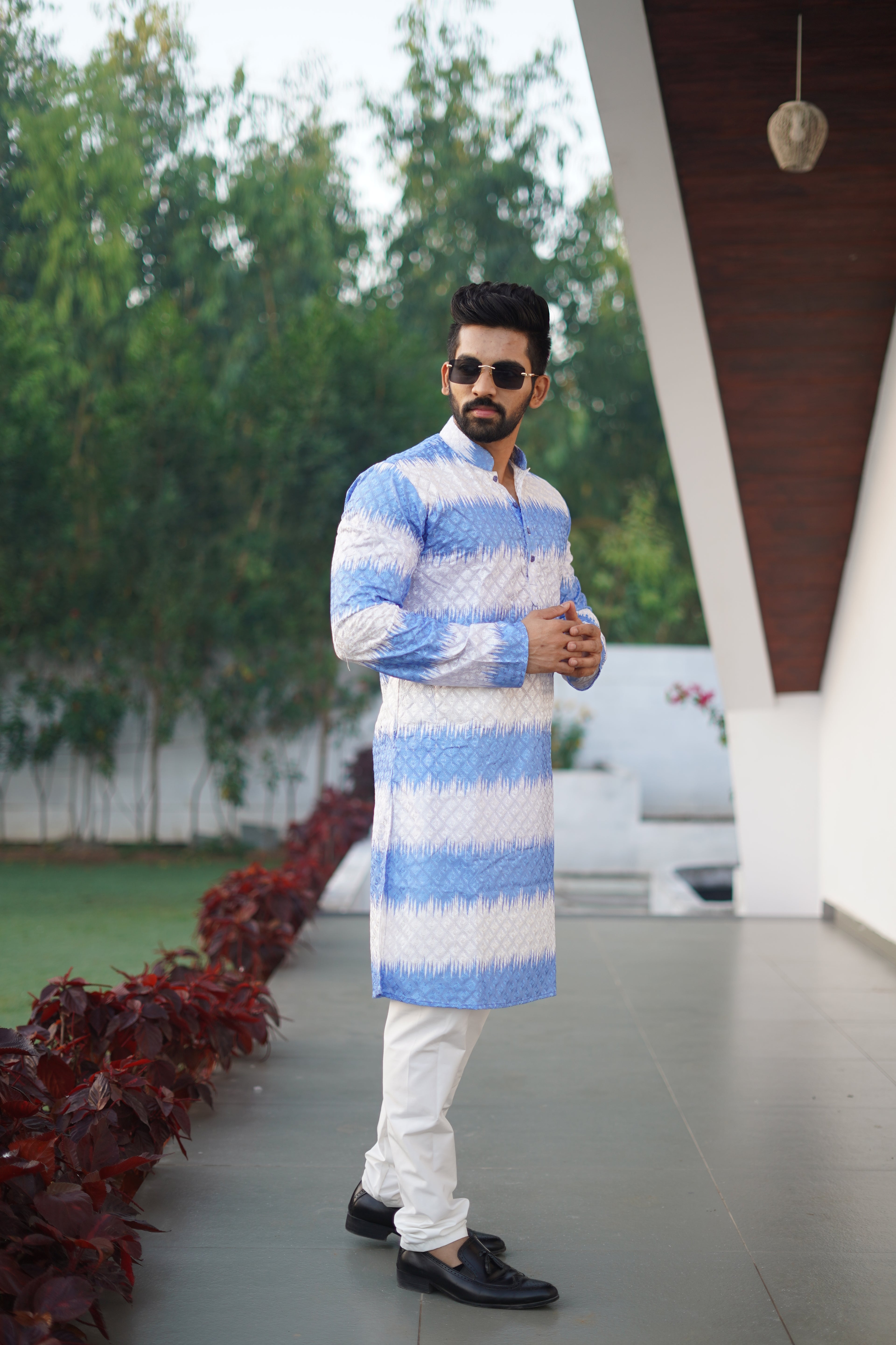 Men's Rainbow Print Cotton Kurta Sky Ocean