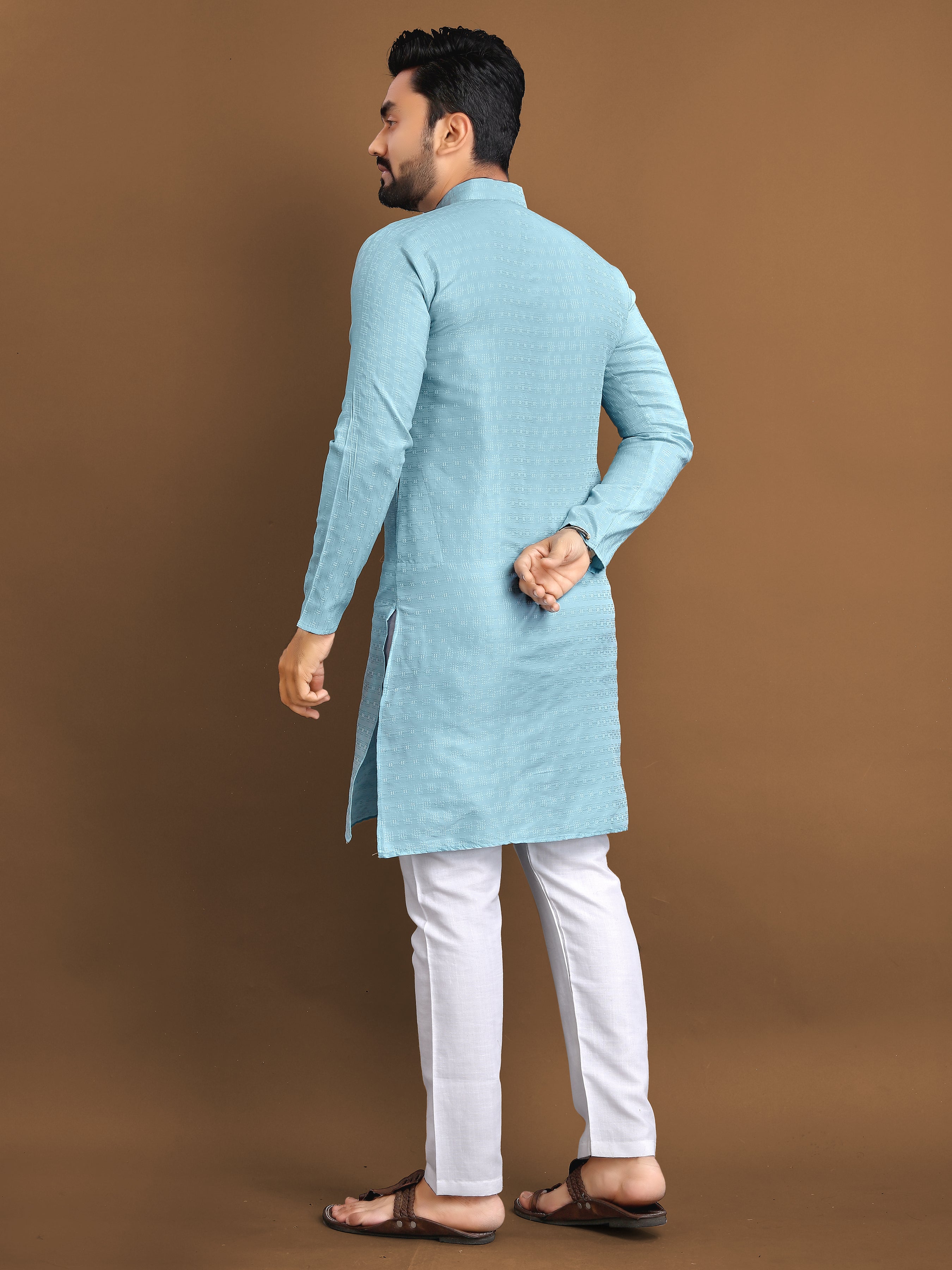 Men’s Jacquard Kurta with Self-Buti Aqua Blue