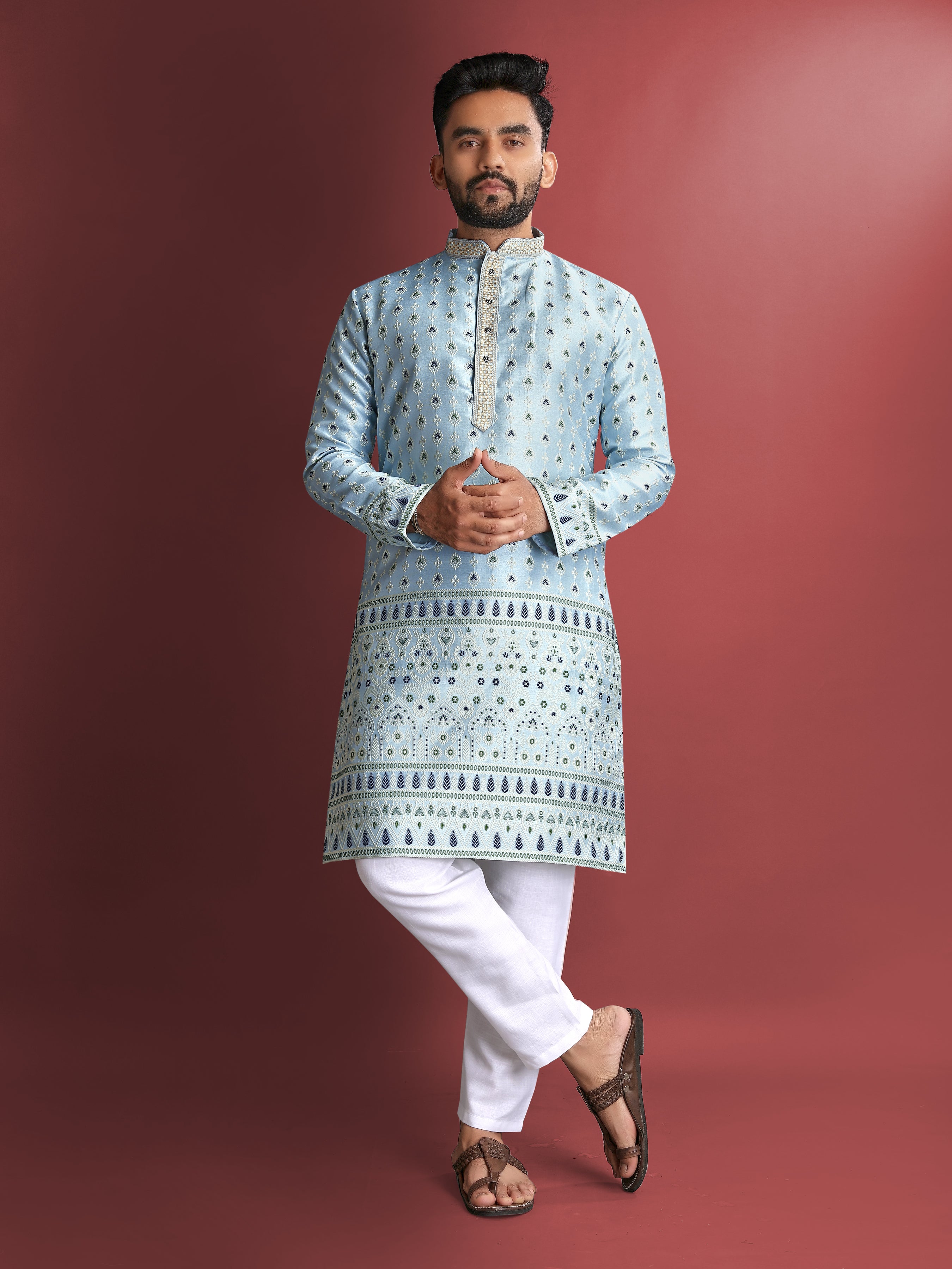 Men’s Silk Kurta with Amboj Work & Daman Border Aqua Blue