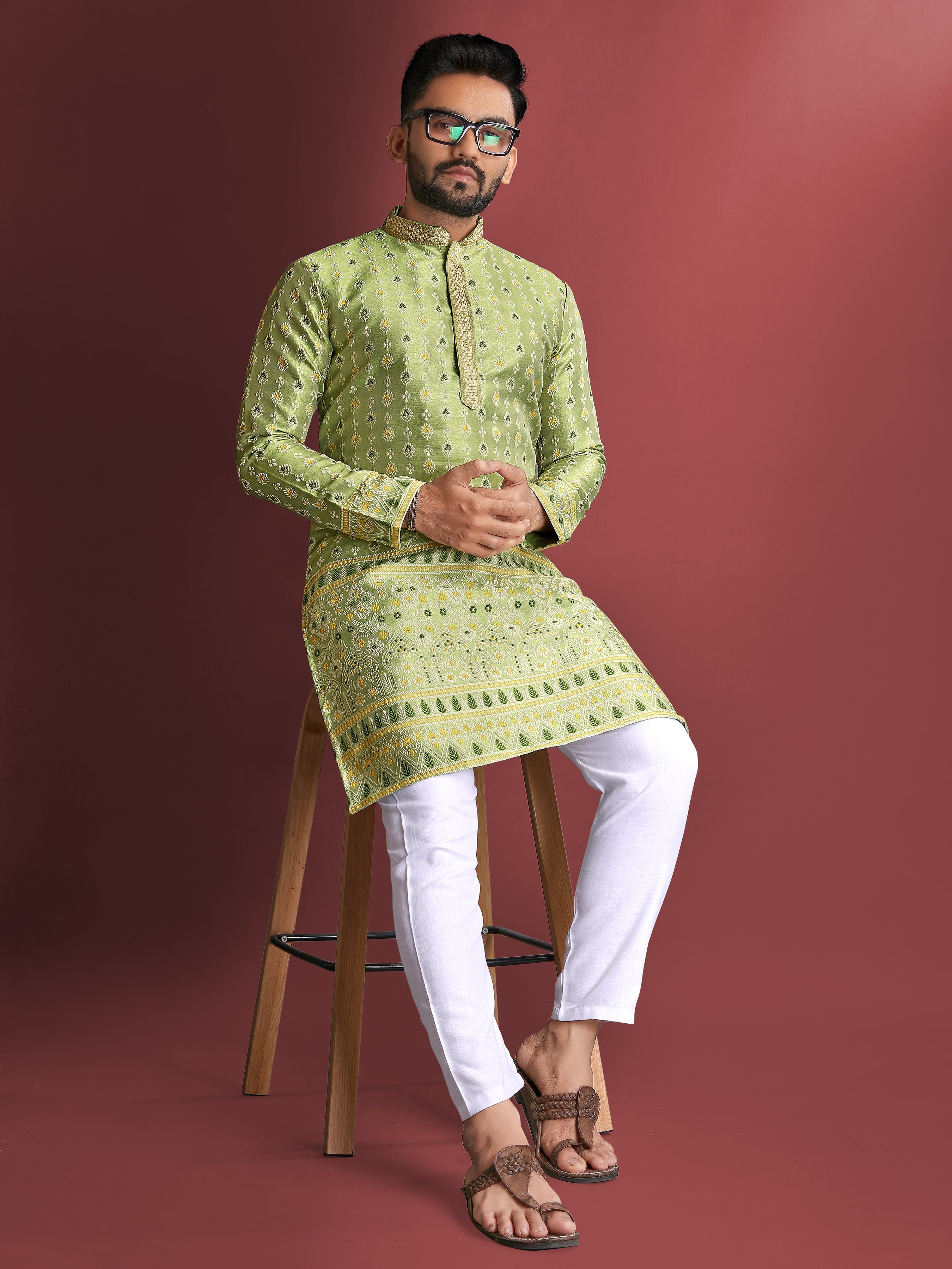 Men’s Silk Kurta with Amboj Work & Daman Border Perrot Green