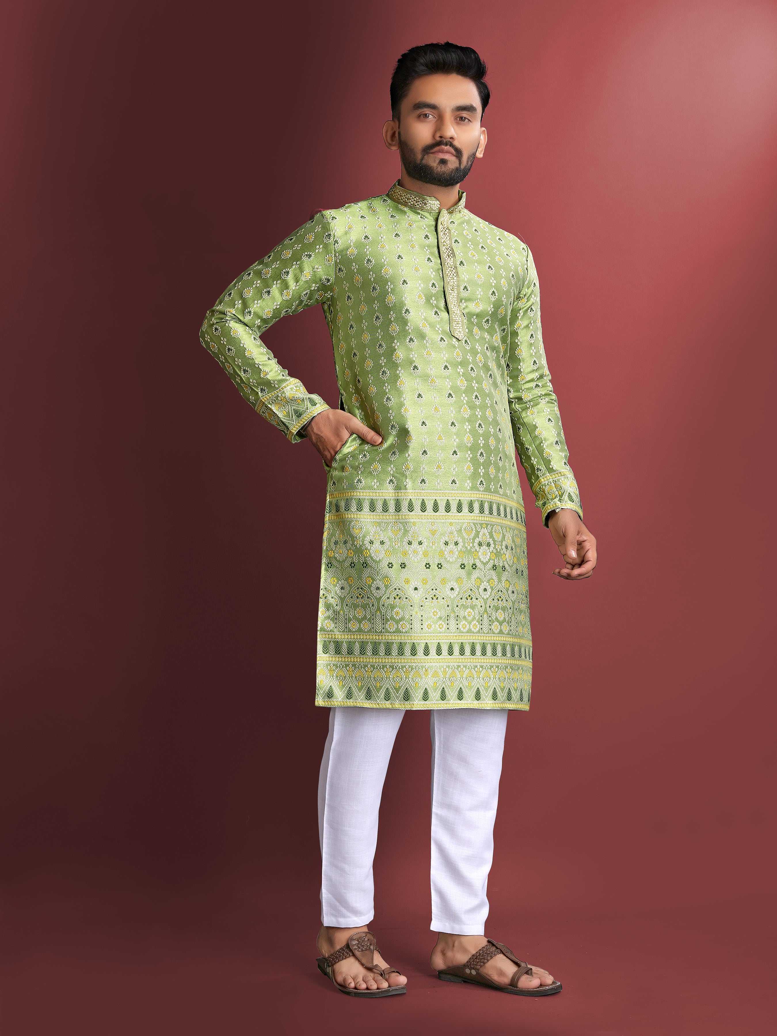 Men’s Silk Kurta with Amboj Work & Daman Border Perrot Green