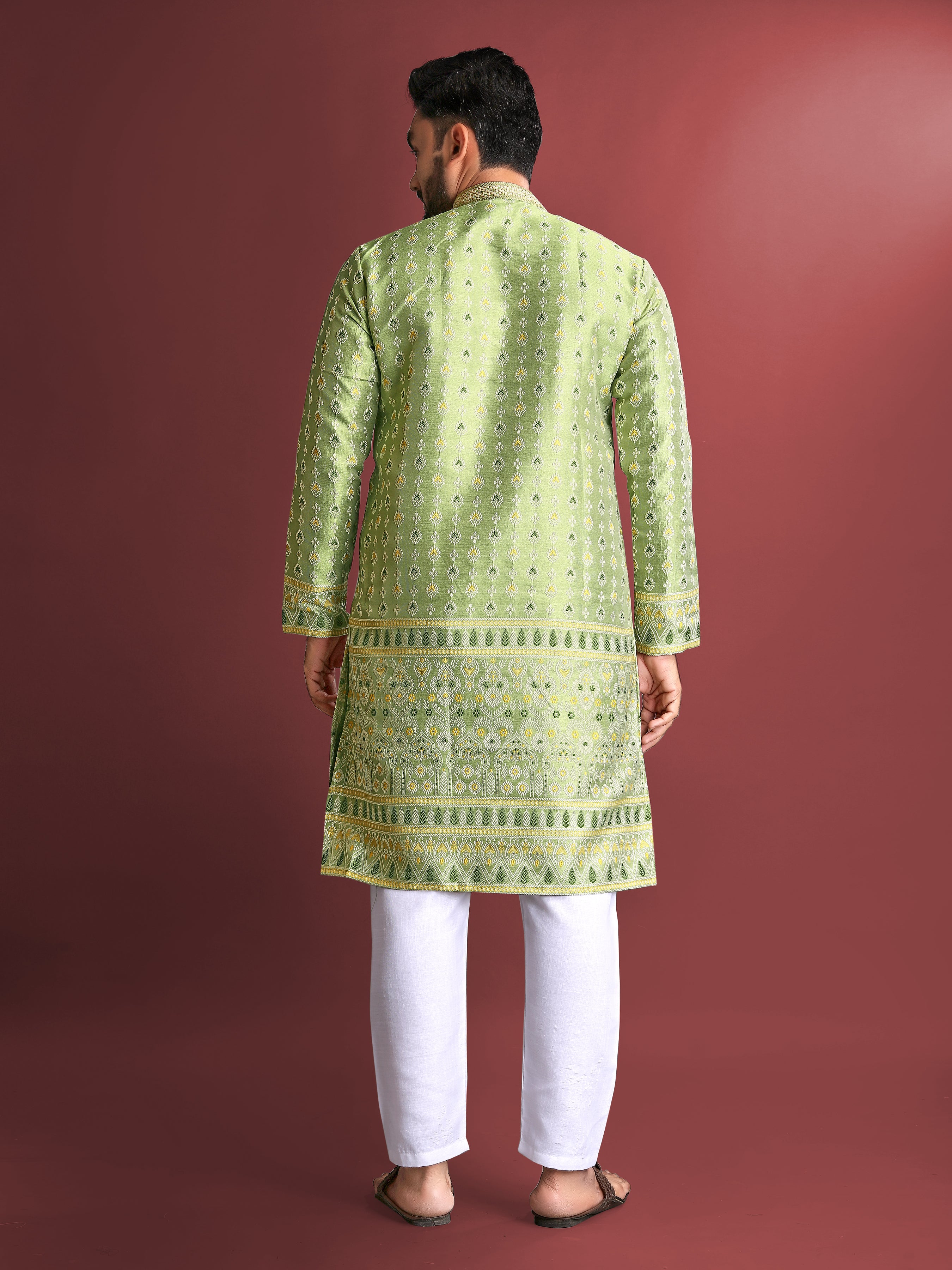 Men’s Silk Kurta with Amboj Work & Daman Border Perrot Green
