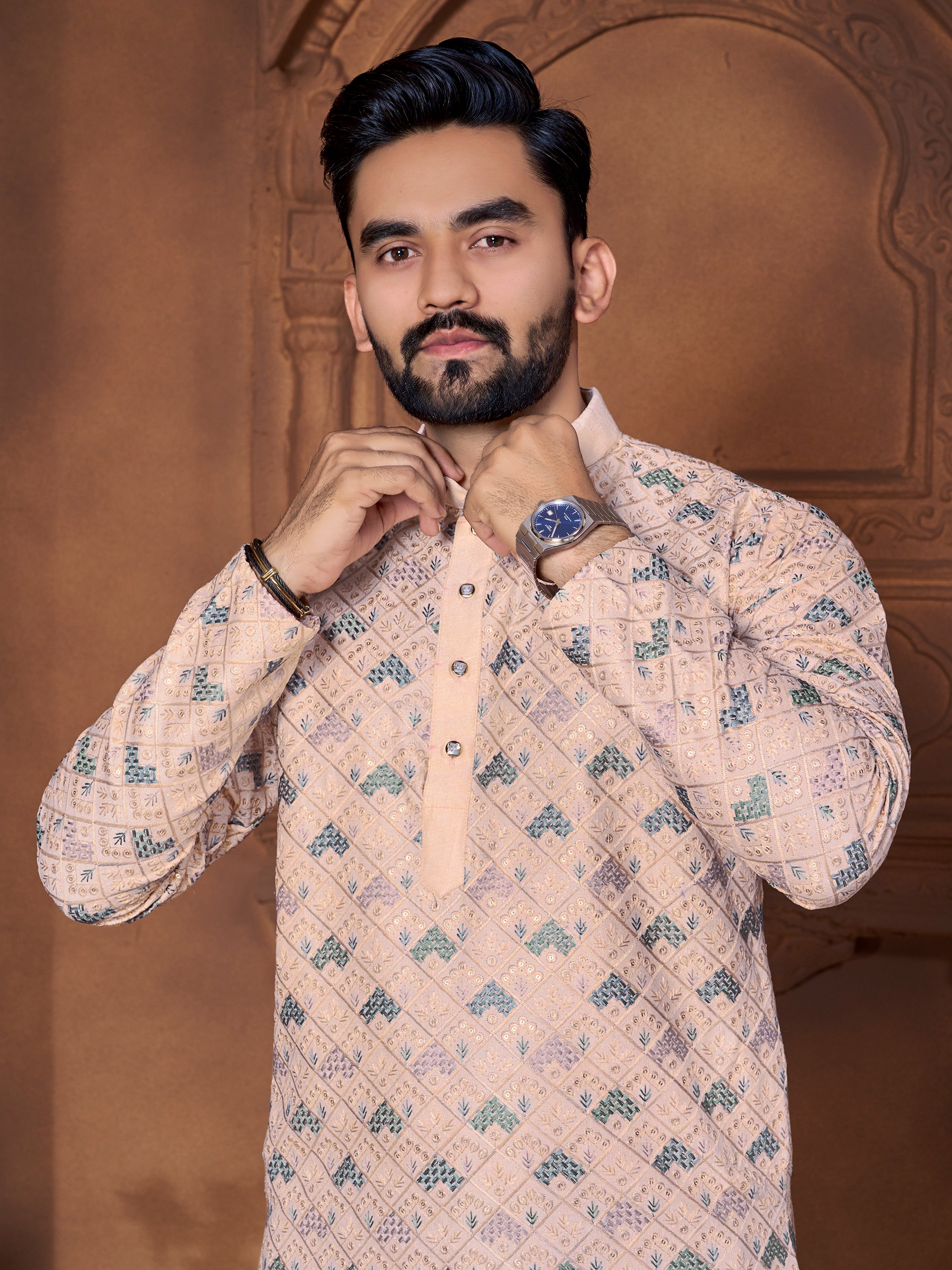 Men's Italian Silk  embroidered Kurta Dusty Pink