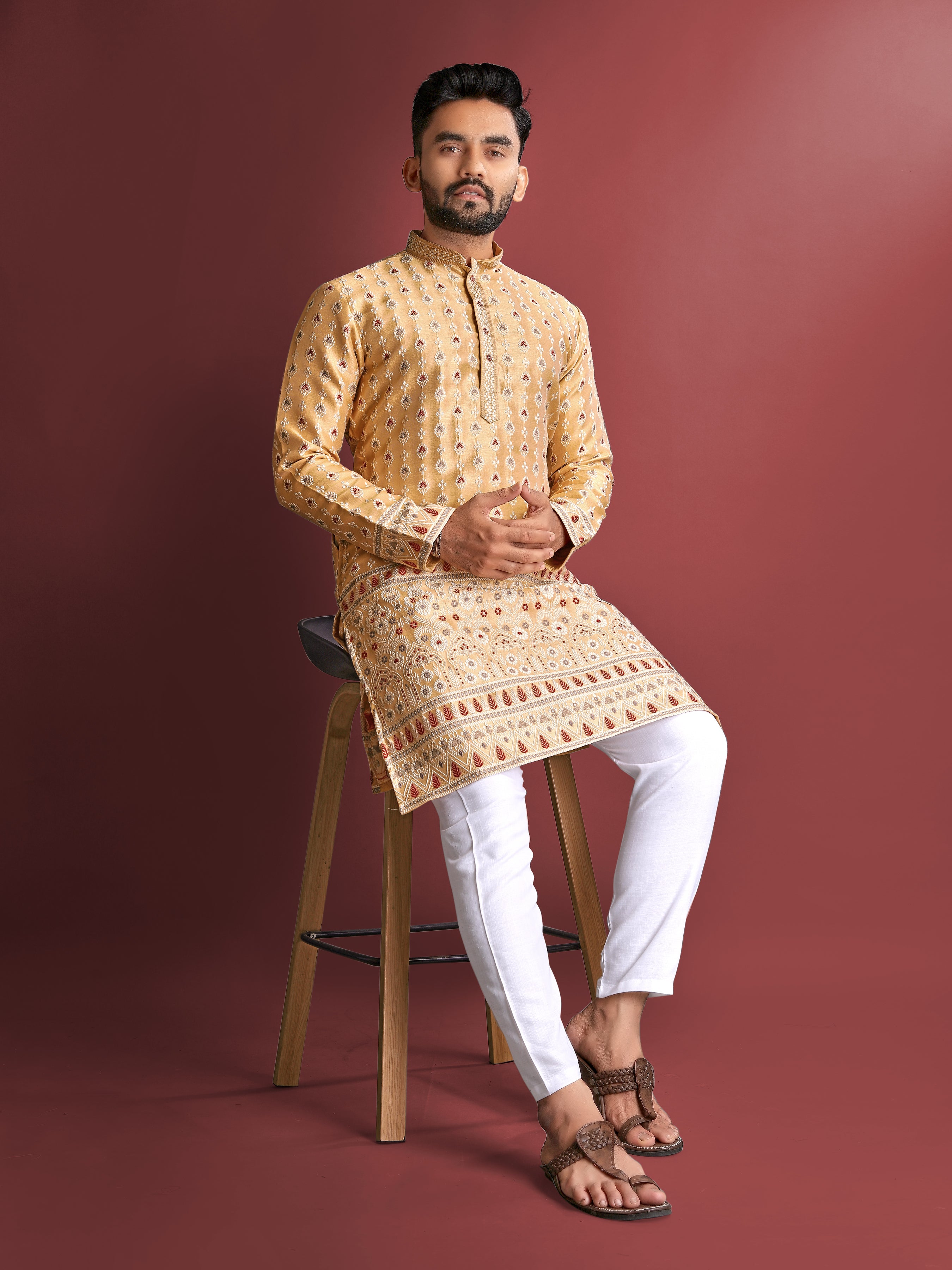 Men’s Silk Kurta with Amboj Work & Daman Border Mustard