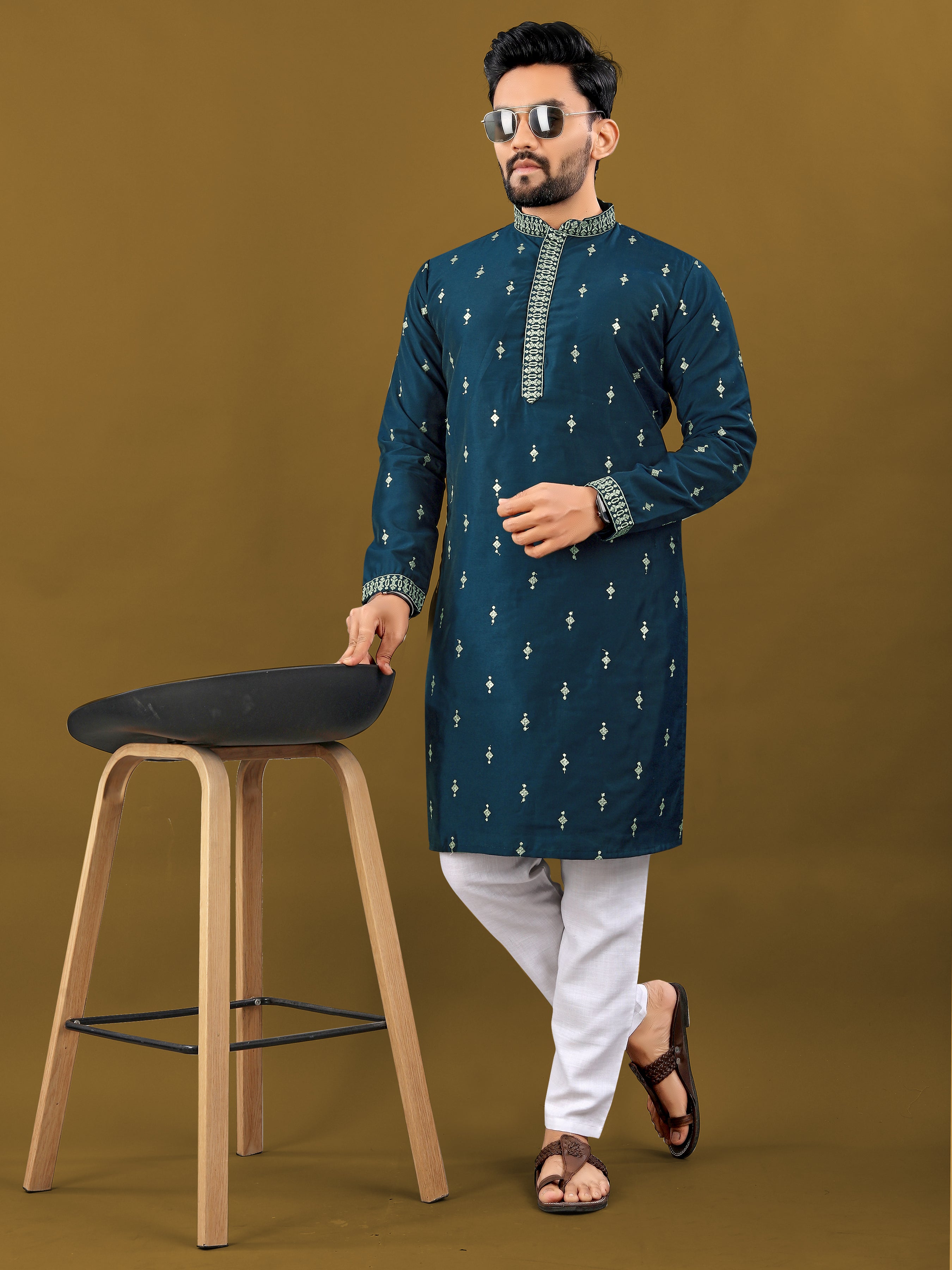 Men's Matka Silk Kurta Silver Jari Work Royal Blue