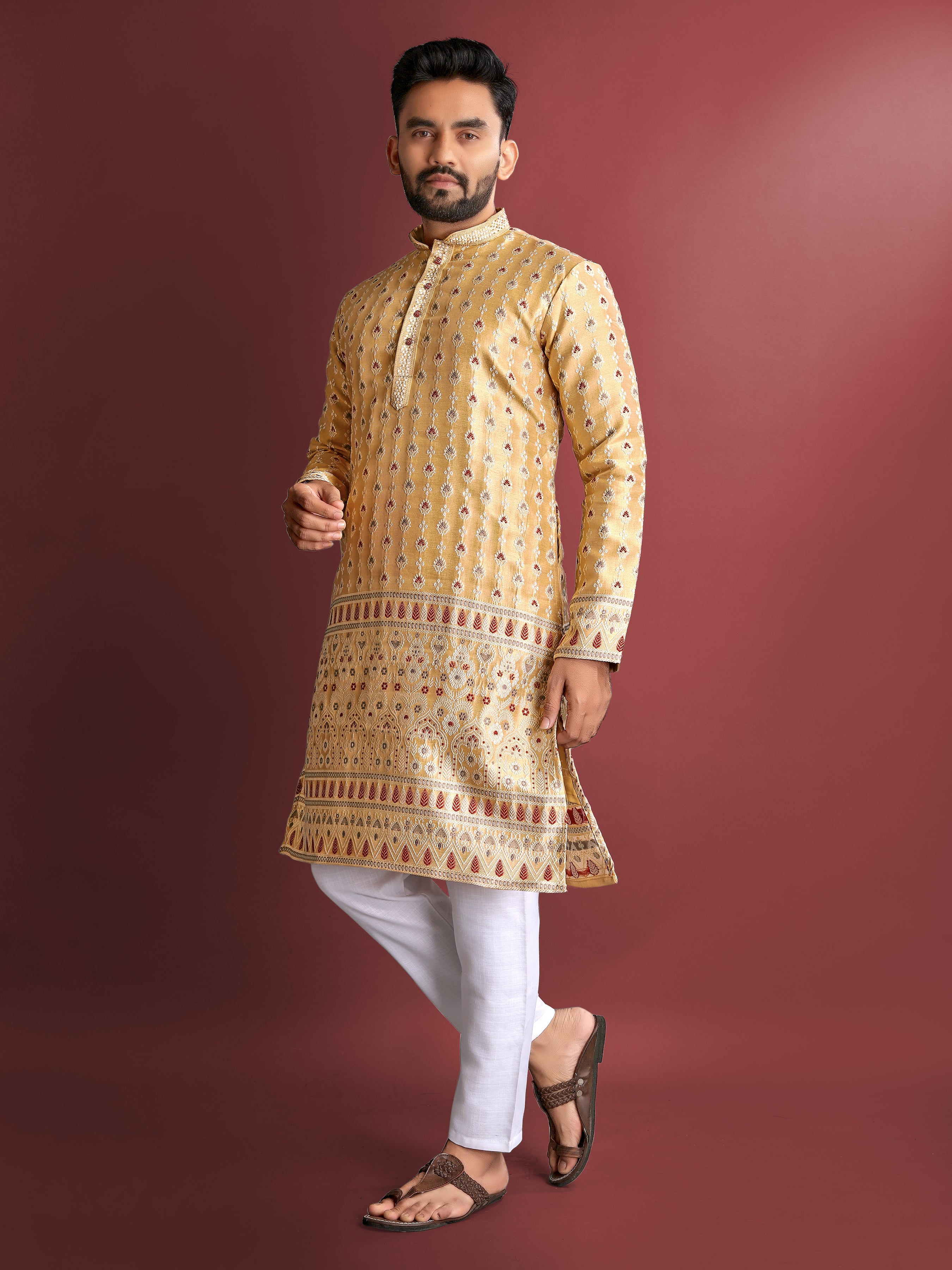 Men’s Silk Kurta with Amboj Work & Daman Border Mustard