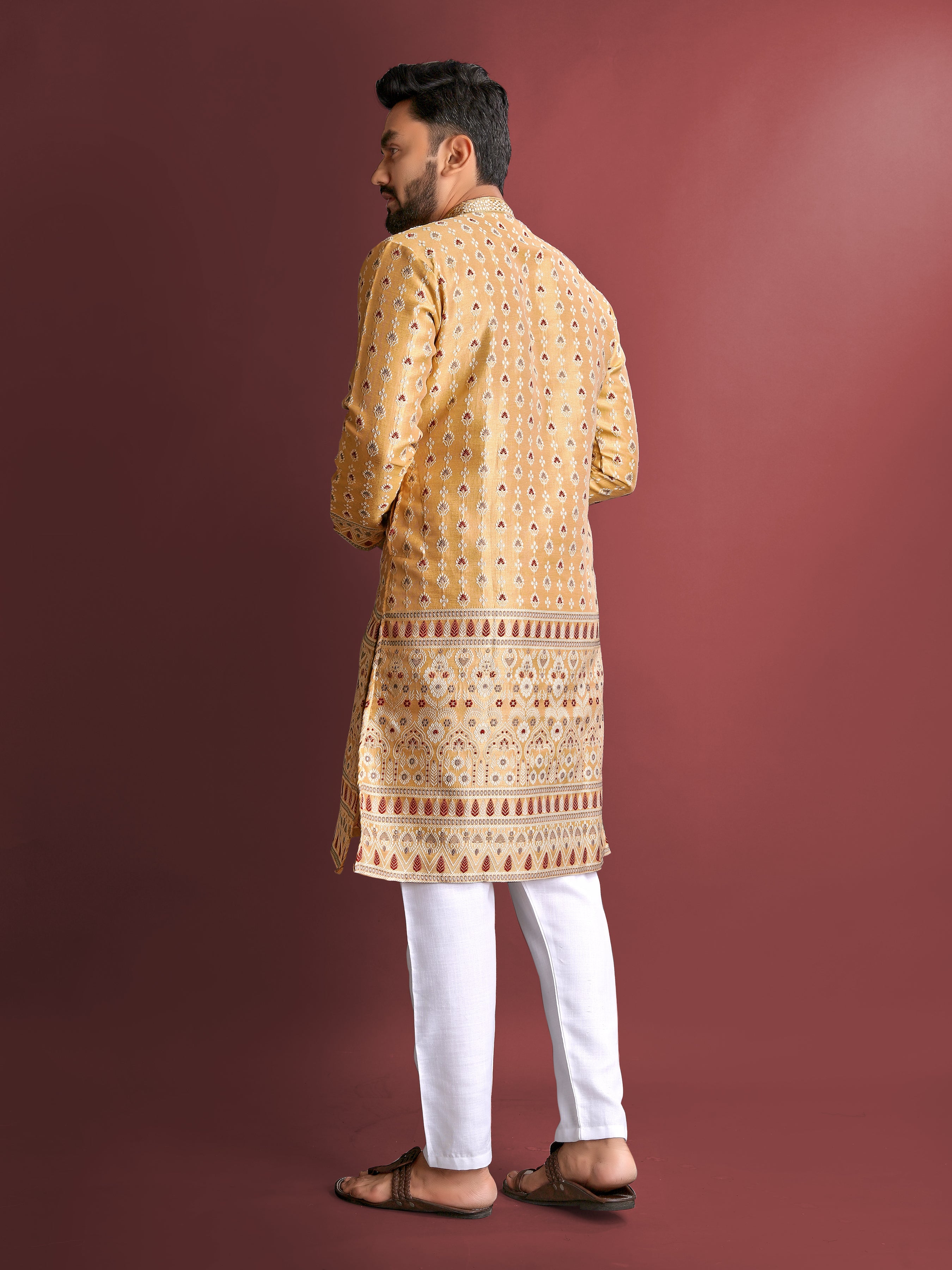 Men’s Silk Kurta with Amboj Work & Daman Border Mustard