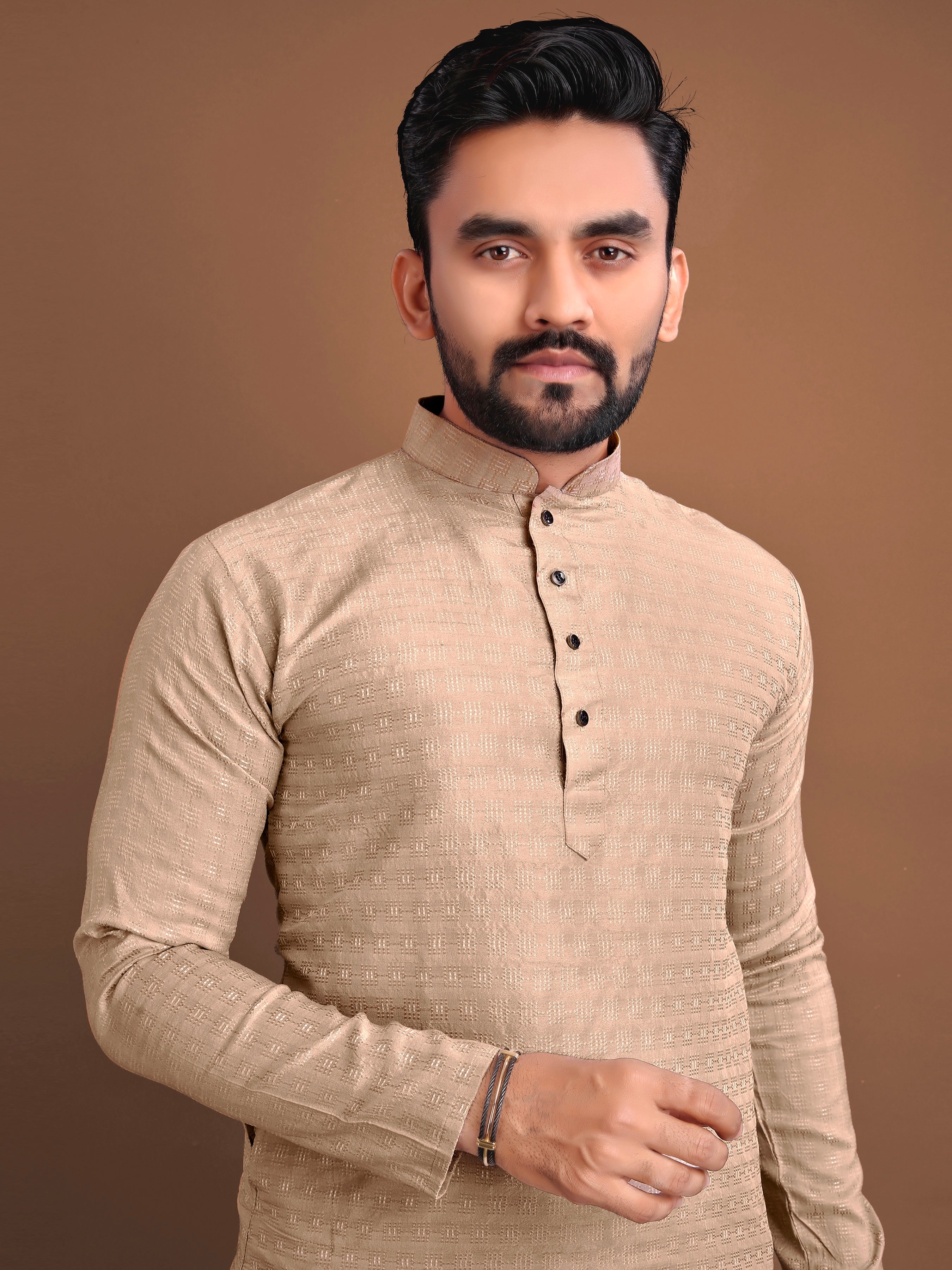 Men’s Jacquard Kurta with Self-Buti Biege Brown