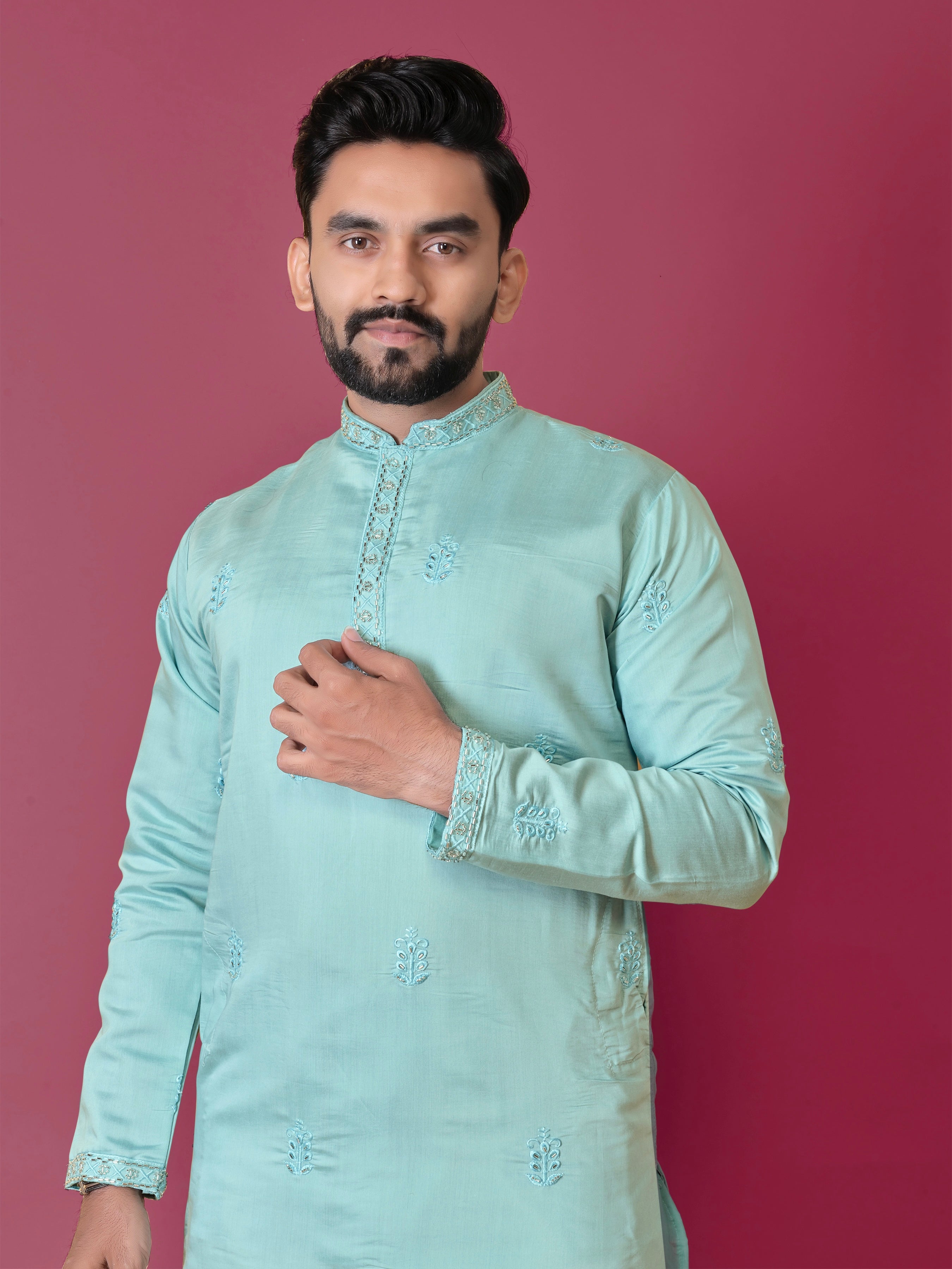 Men's Roman Silk Kurta With Hand Work Sky