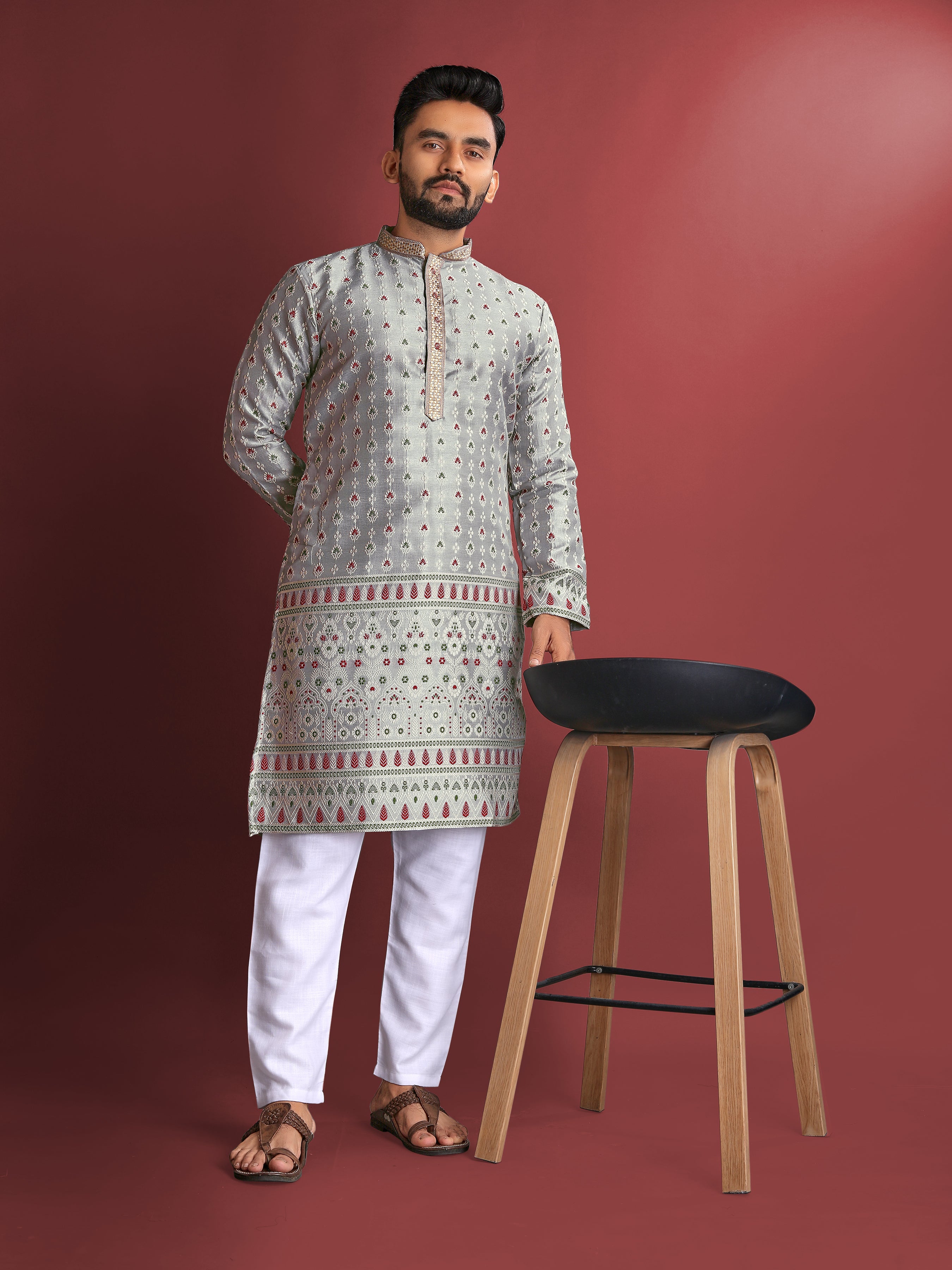 Men’s Silk Kurta with Amboj Work & Daman Border Grey
