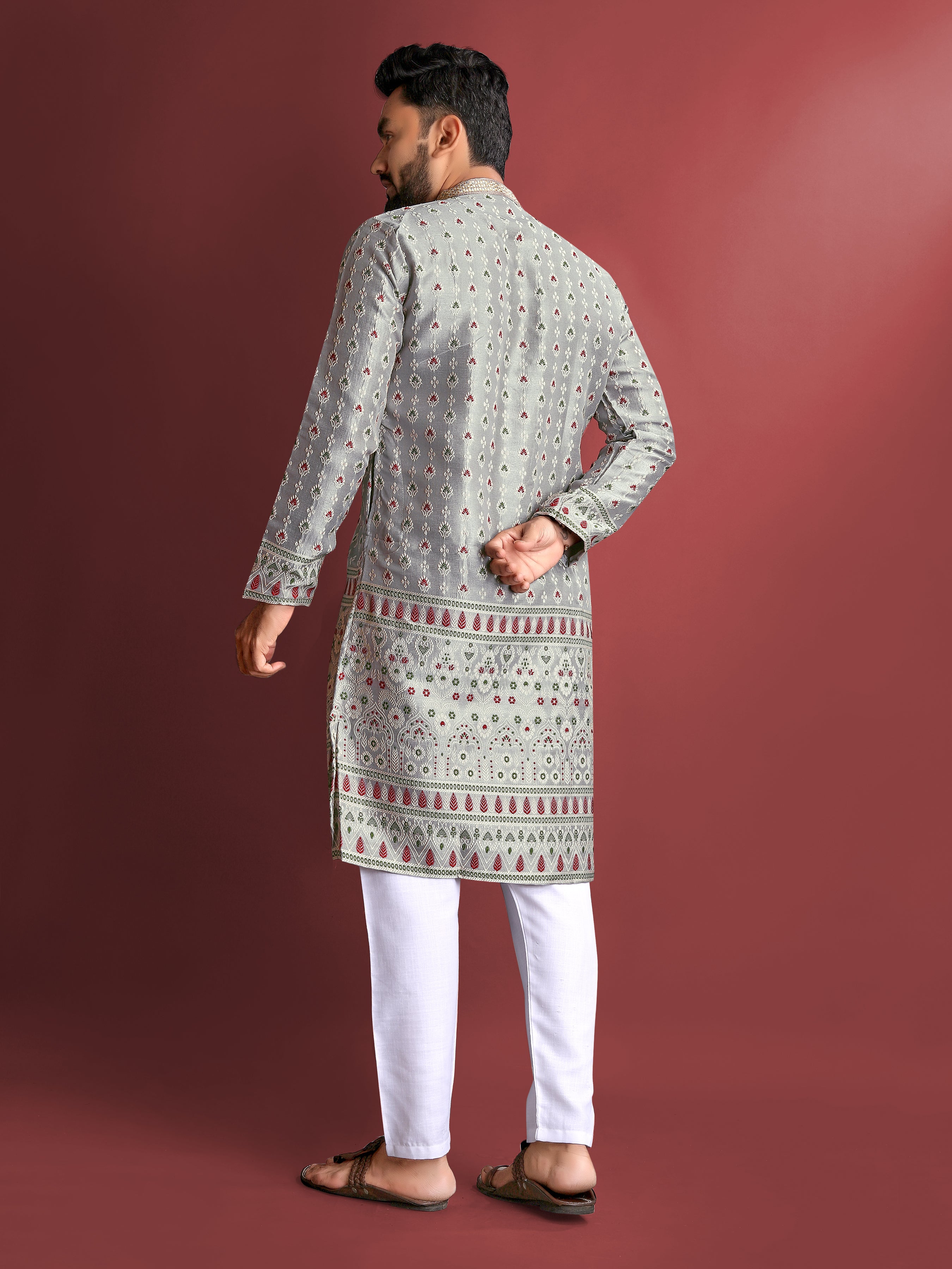 Men’s Silk Kurta with Amboj Work & Daman Border Grey