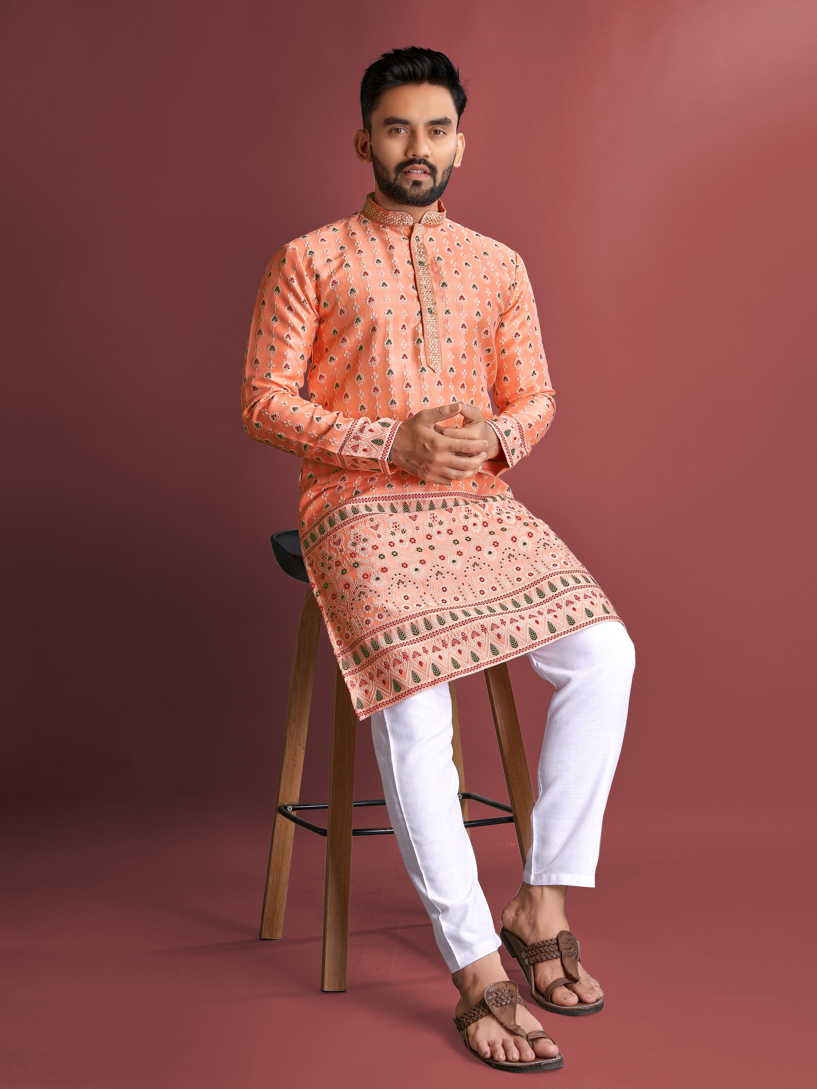 Men’s Silk Kurta with Amboj Work & Daman Border Gajri