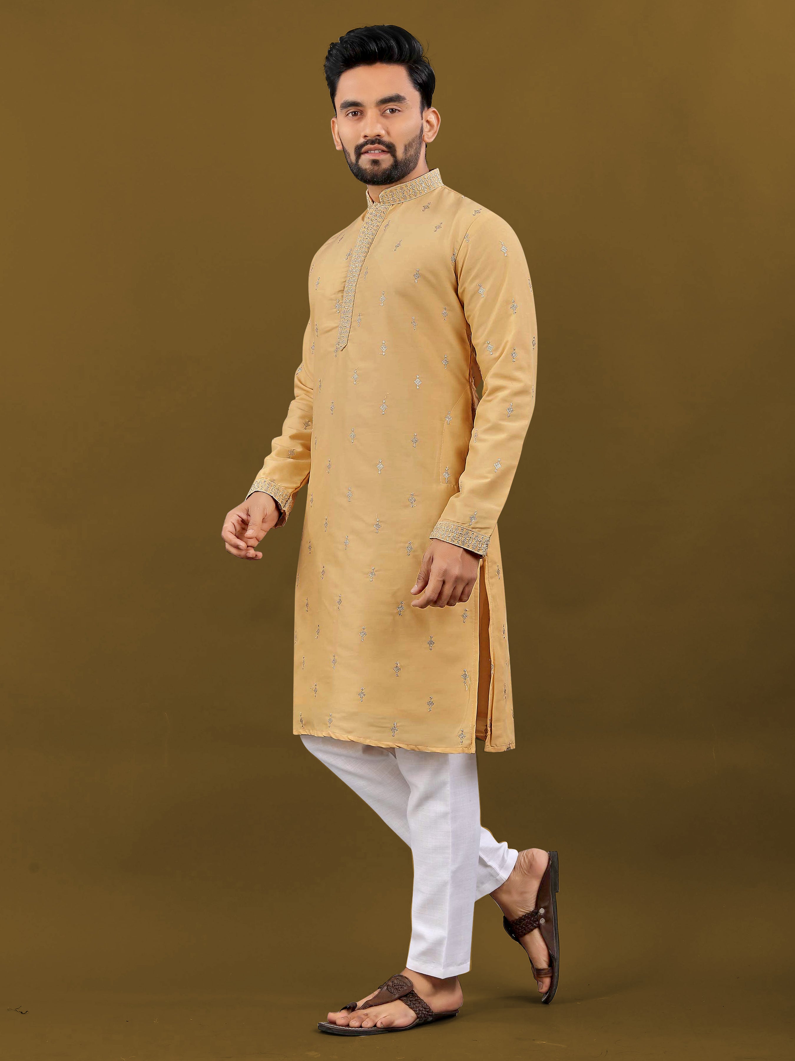 Men's Matka Silk Kurta Silver Jari Work Yellow