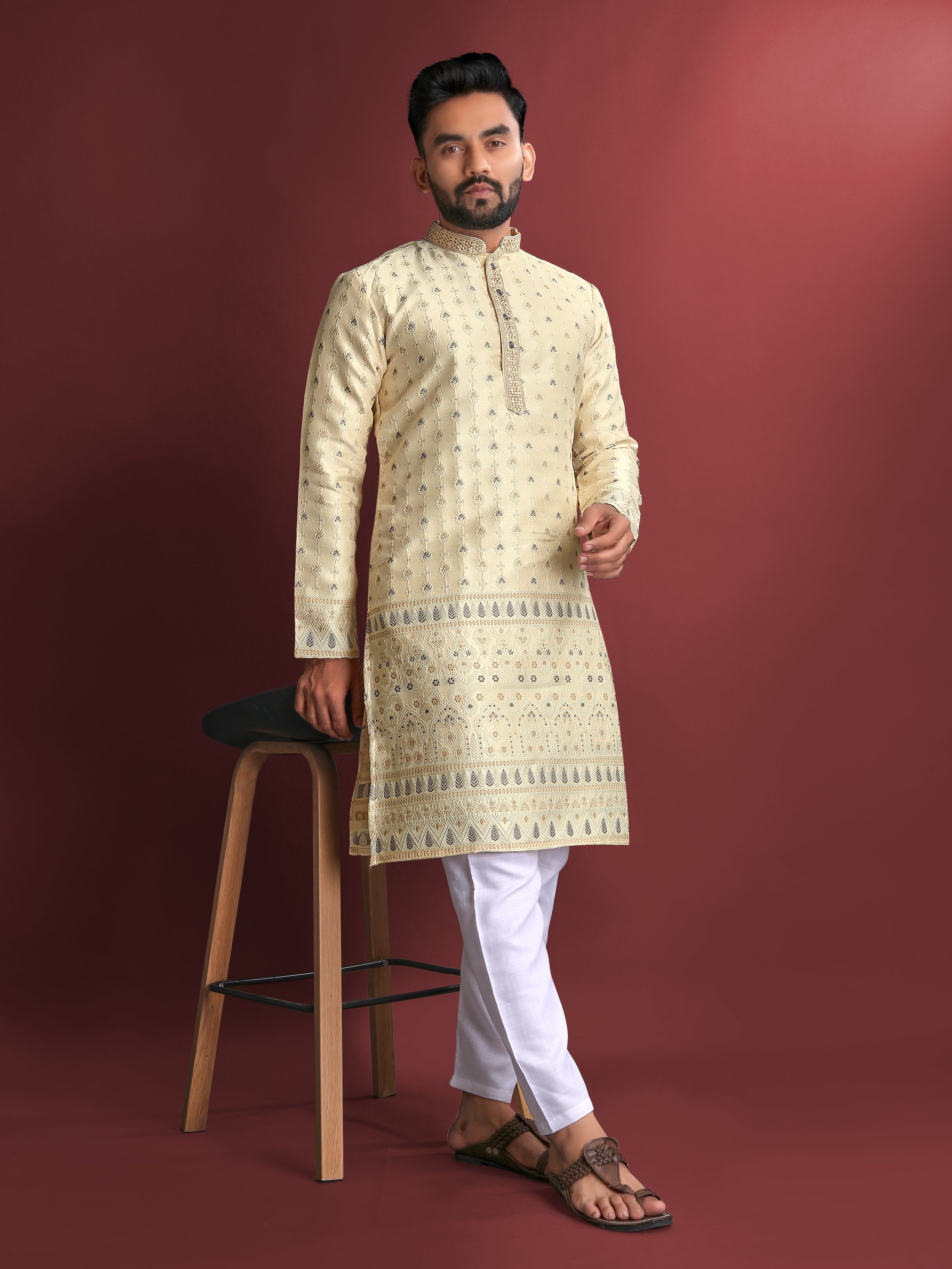 Men’s Silk Kurta with Amboj Work & Daman Border Yellow
