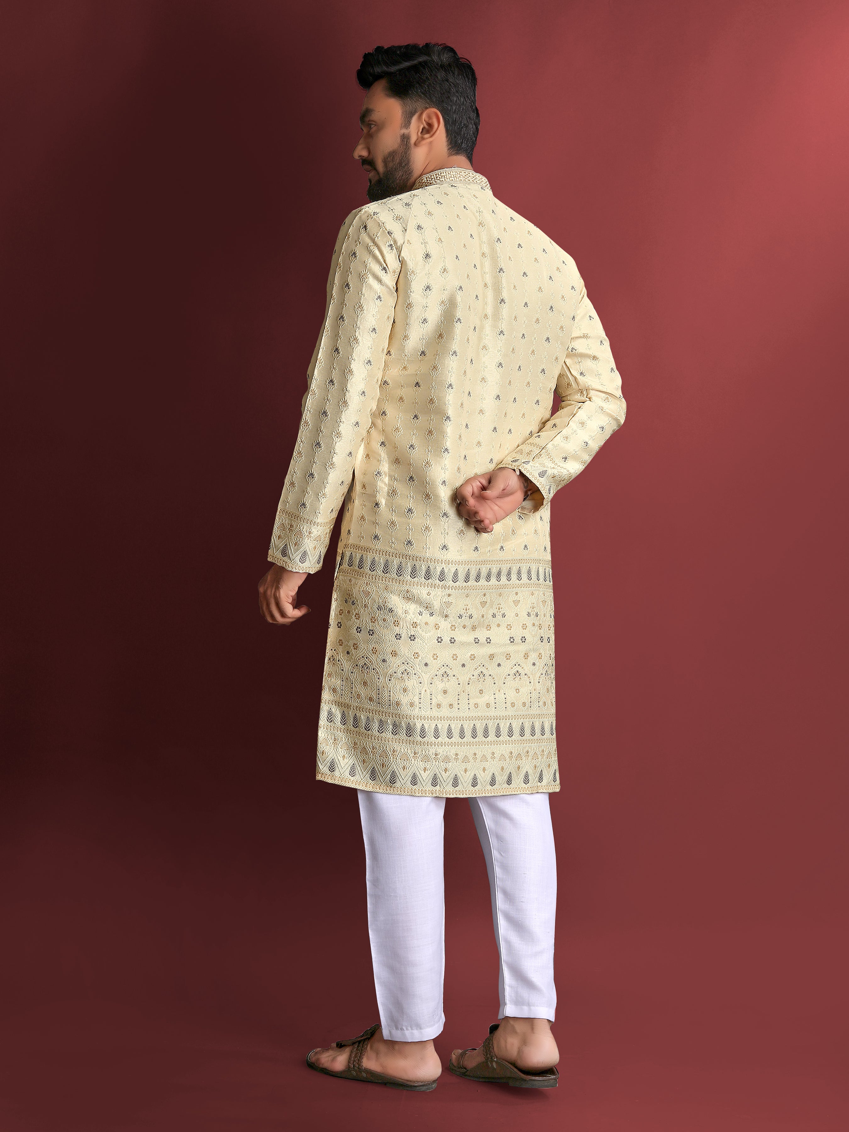 Men’s Silk Kurta with Amboj Work & Daman Border Yellow
