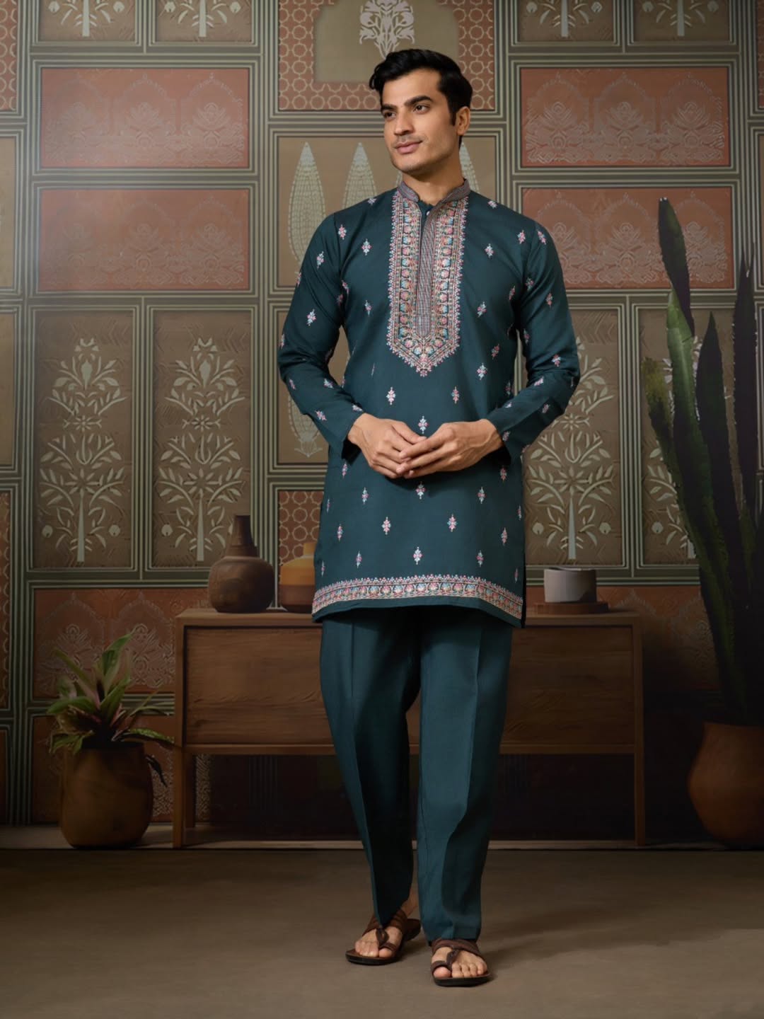 Men’s Premium Designer Kurta Koti Set with Pyjama Bottle Green