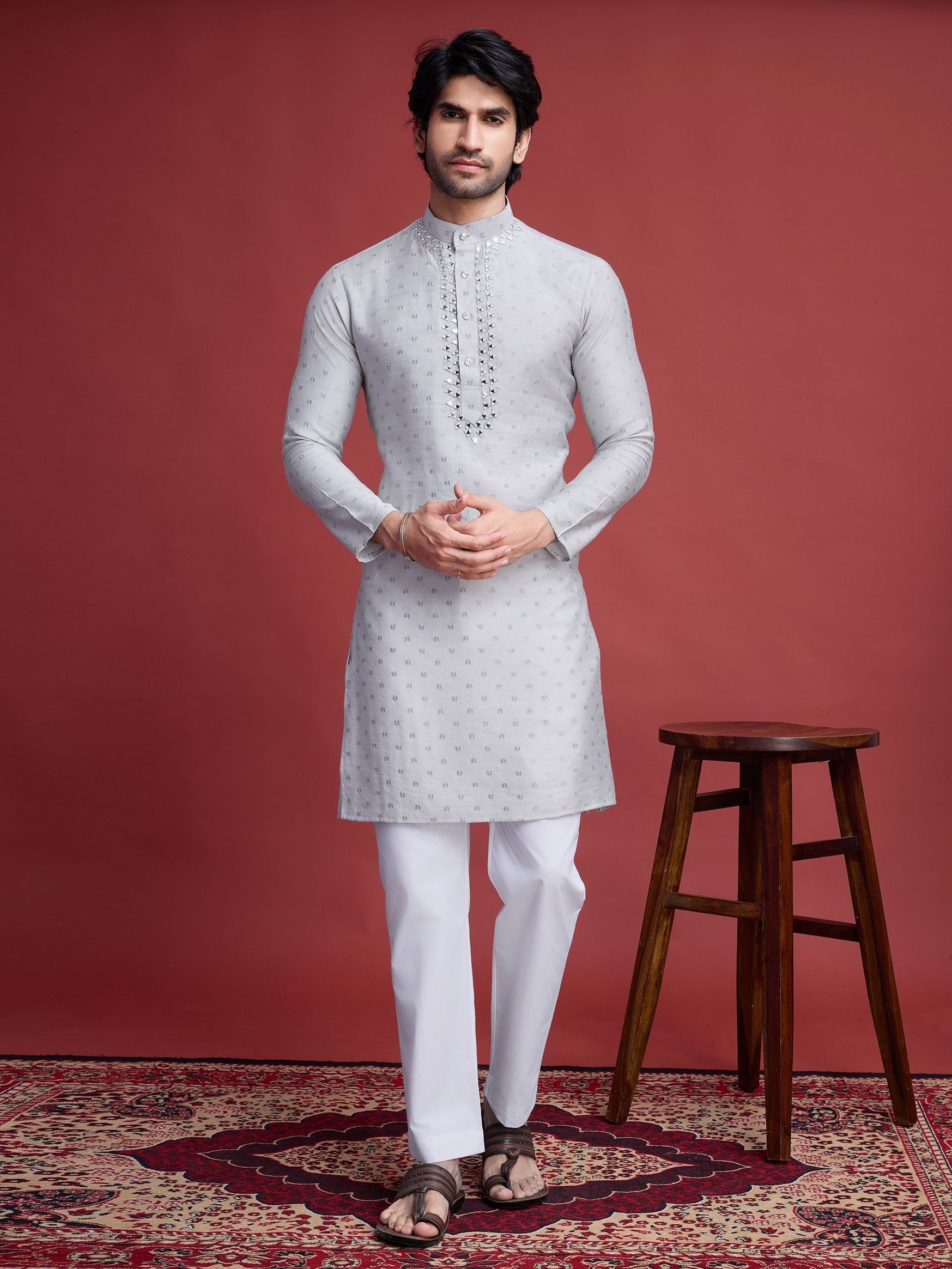 Men's Regal Weave Viscose Mirror Grey Kurta