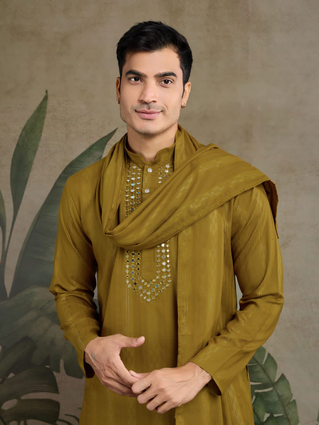 Men's Royal Reflection Mirror Work Mustard Yellow Kurta Set