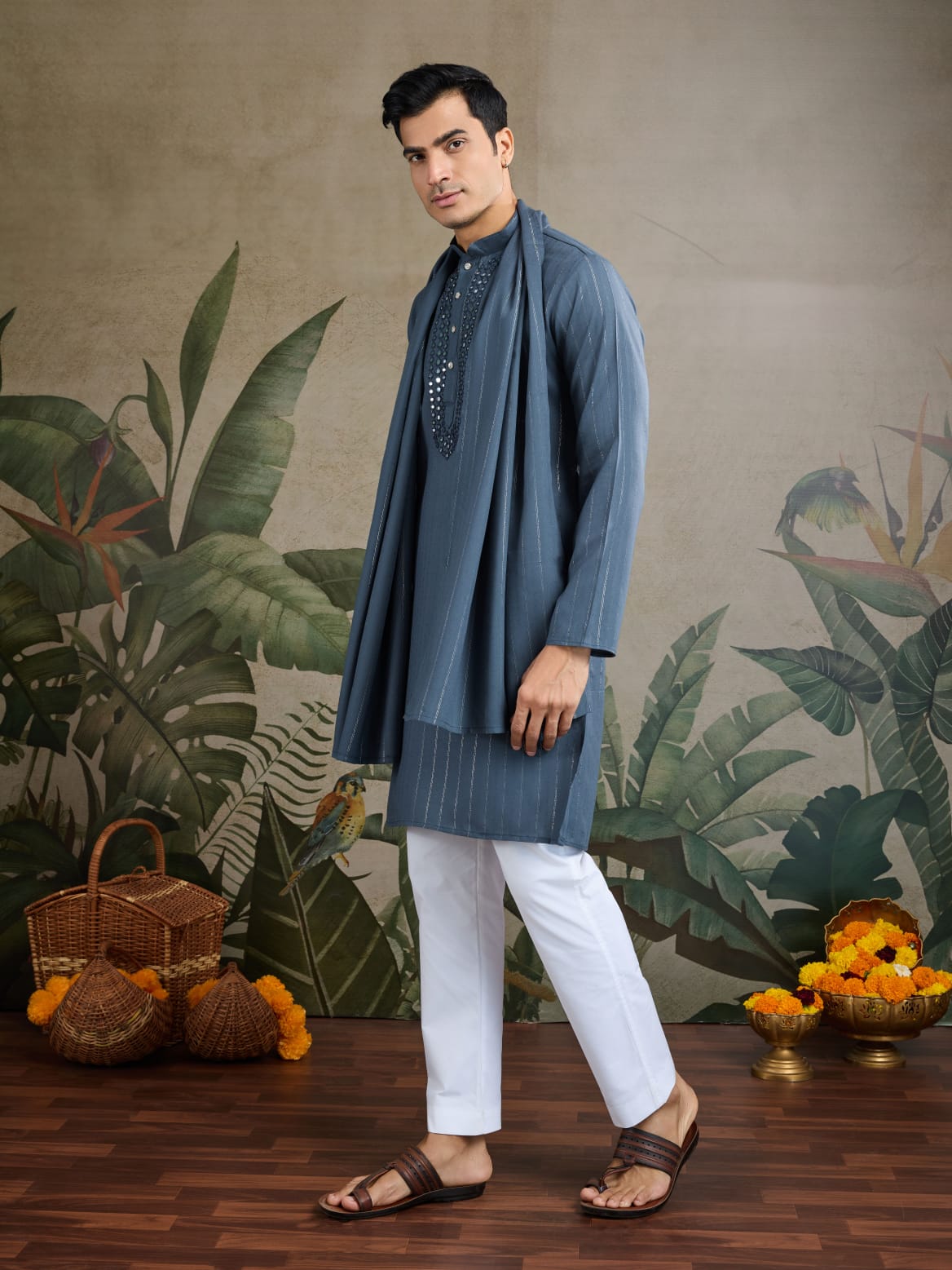 Men's Royal Reflection Mirror Work Slate Blue Kurta Set