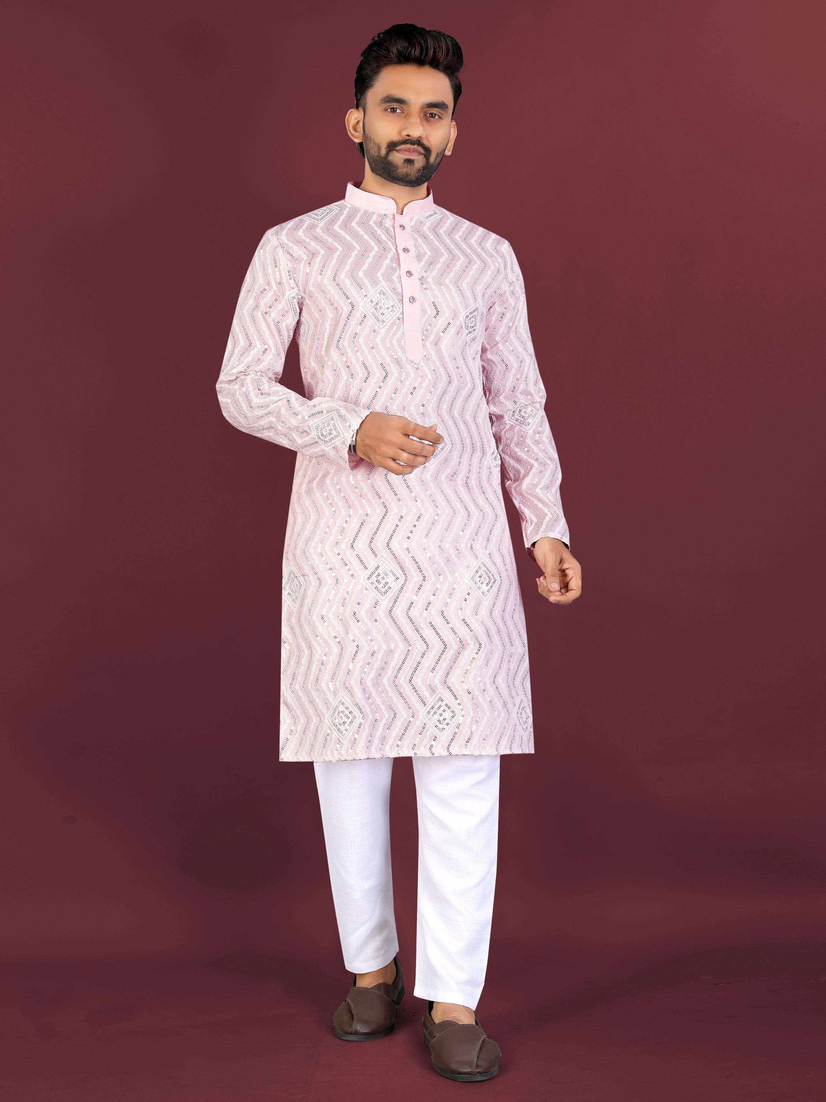 Men’s Saiyaara Silk Kurta with Cross Embroidery Baby Pink