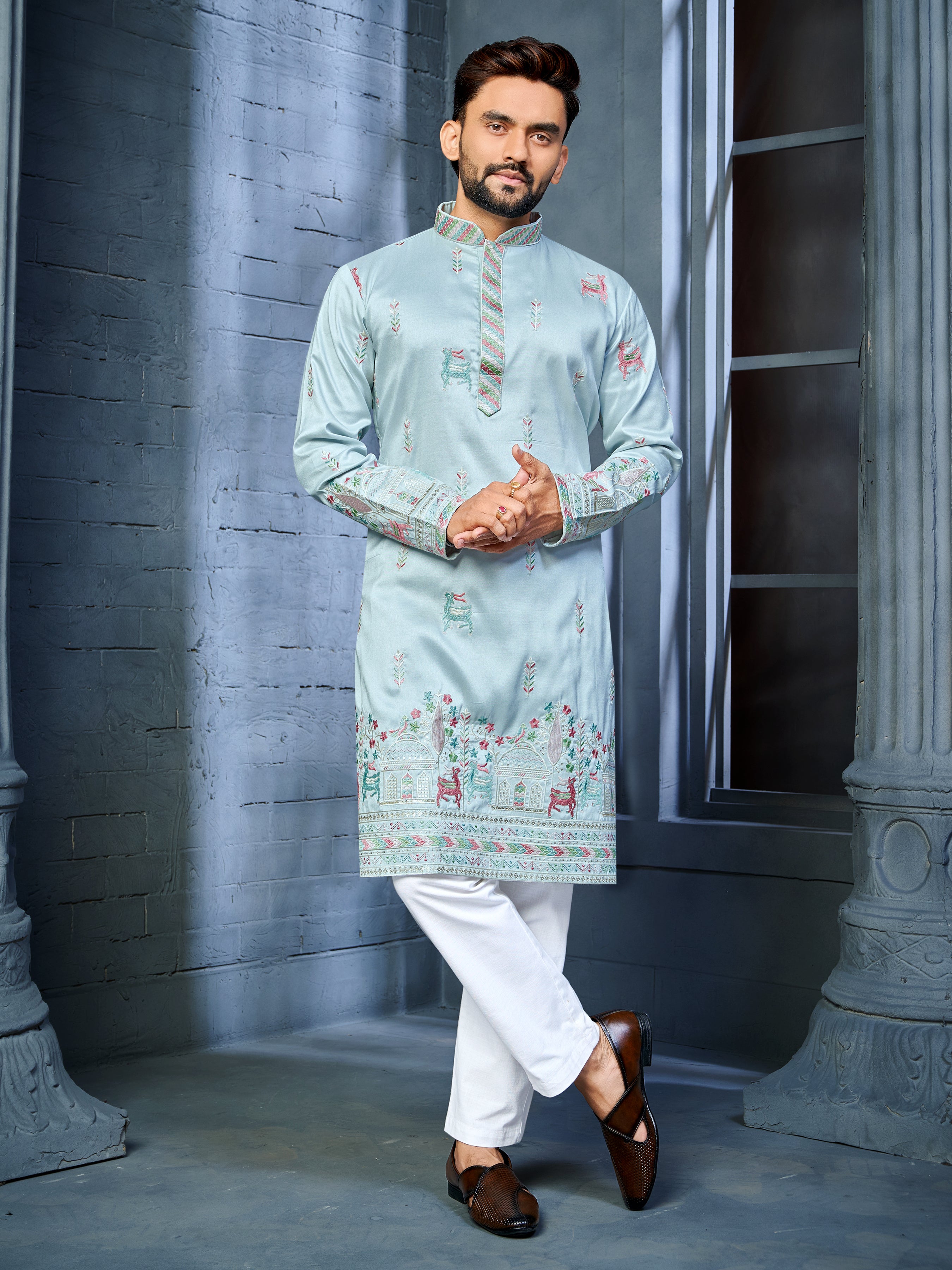 Men’s  Silk Kurta with Deer Embroidery Sky Blue