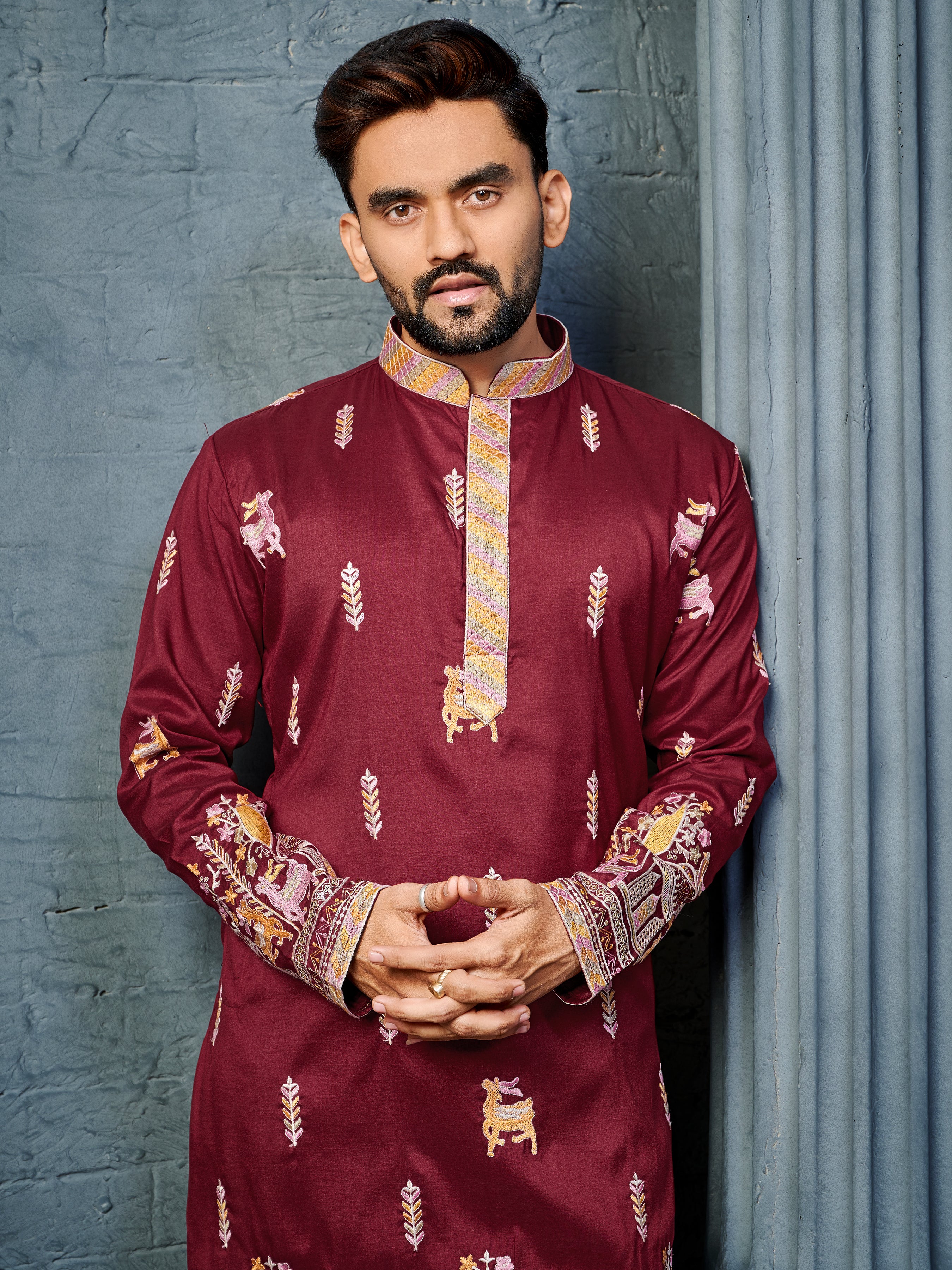 Men’s  Silk Kurta with Deer Embroidery Red