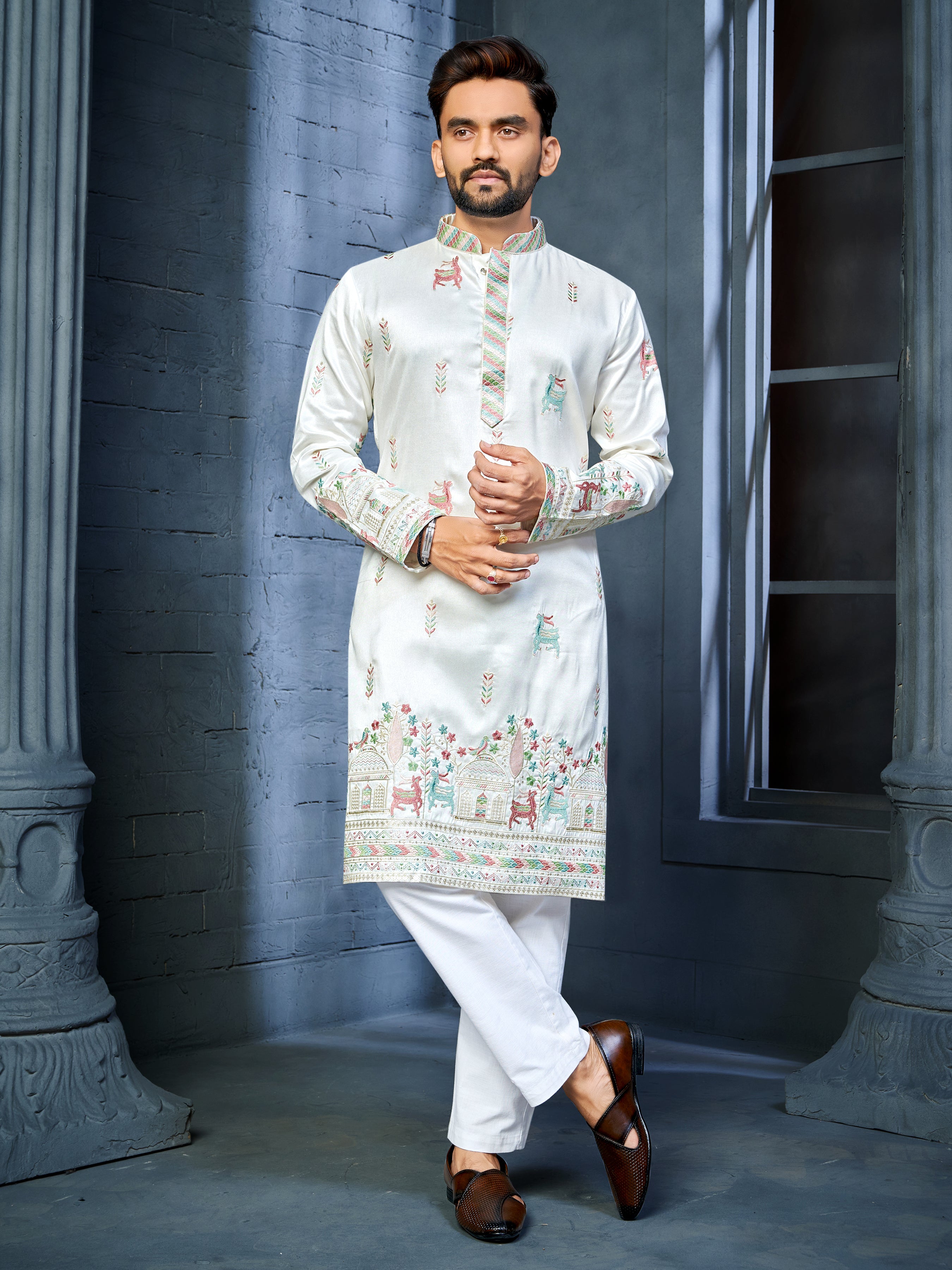 Men’s Silk Kurta with Deer Embroidery White