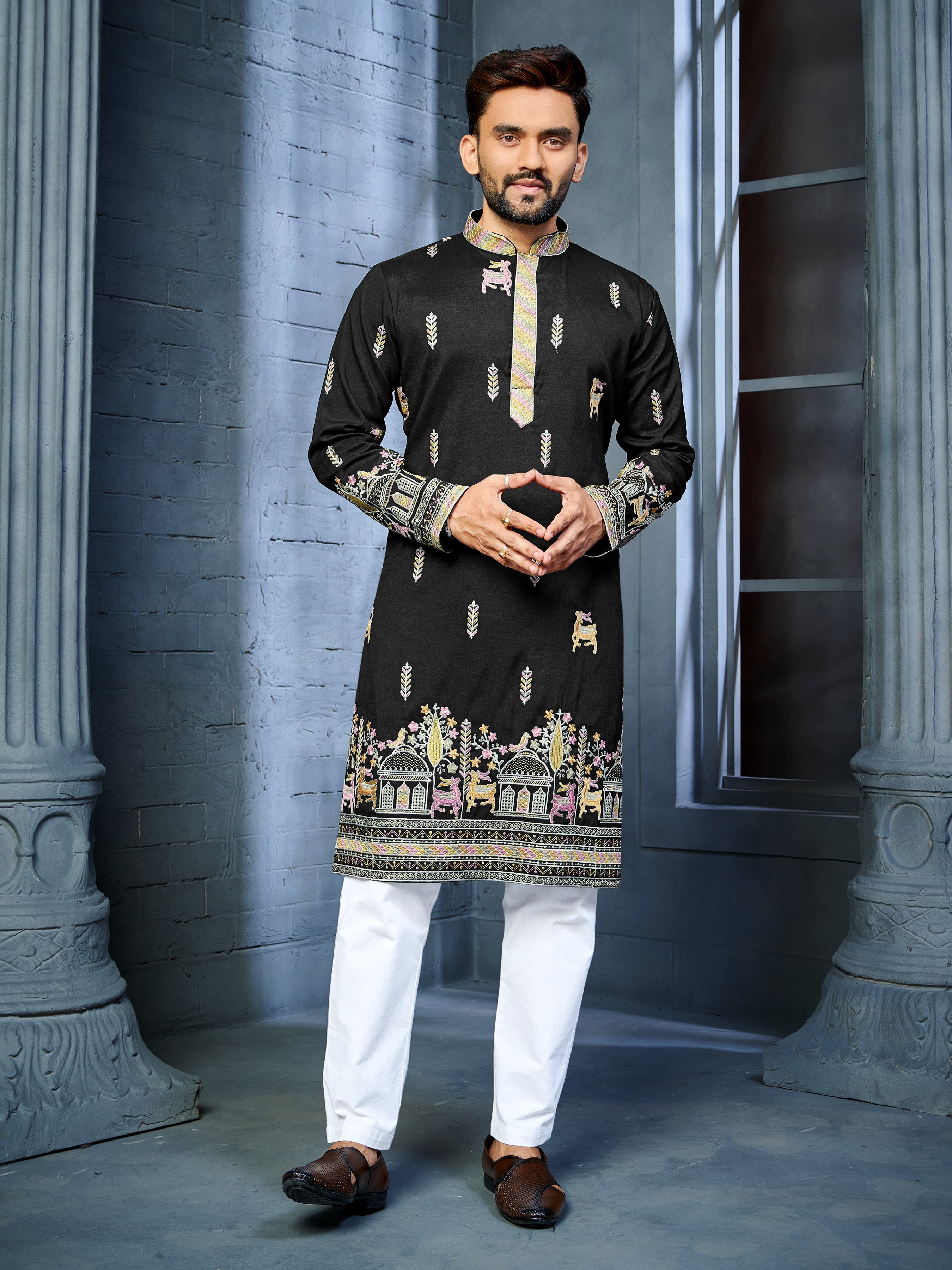 Men’s  Silk Kurta with Deer Embroidery Black