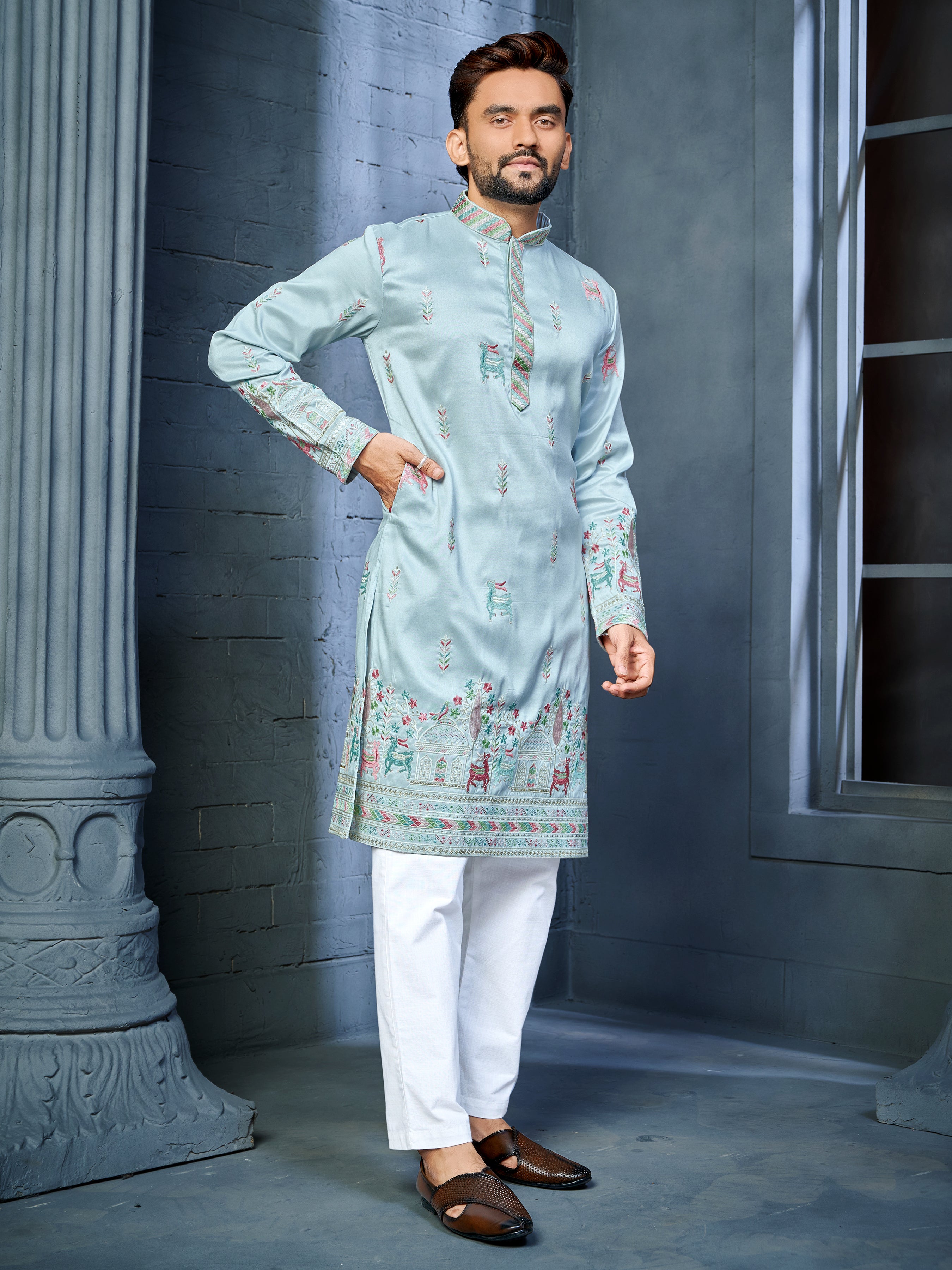 Men’s Silk Kurta with Deer Embroidery Sky Blue