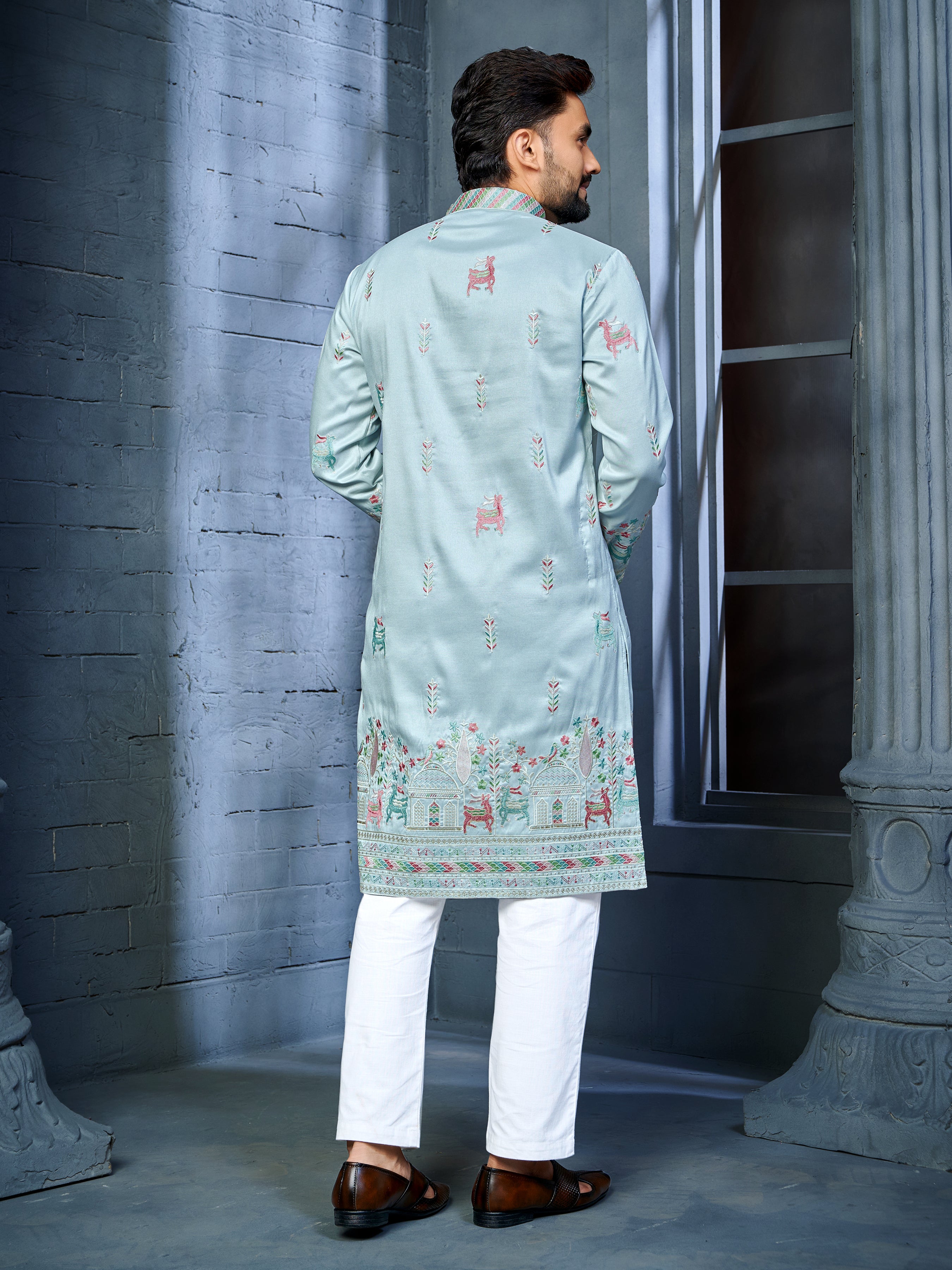 Men’s  Silk Kurta with Deer Embroidery Sky Blue