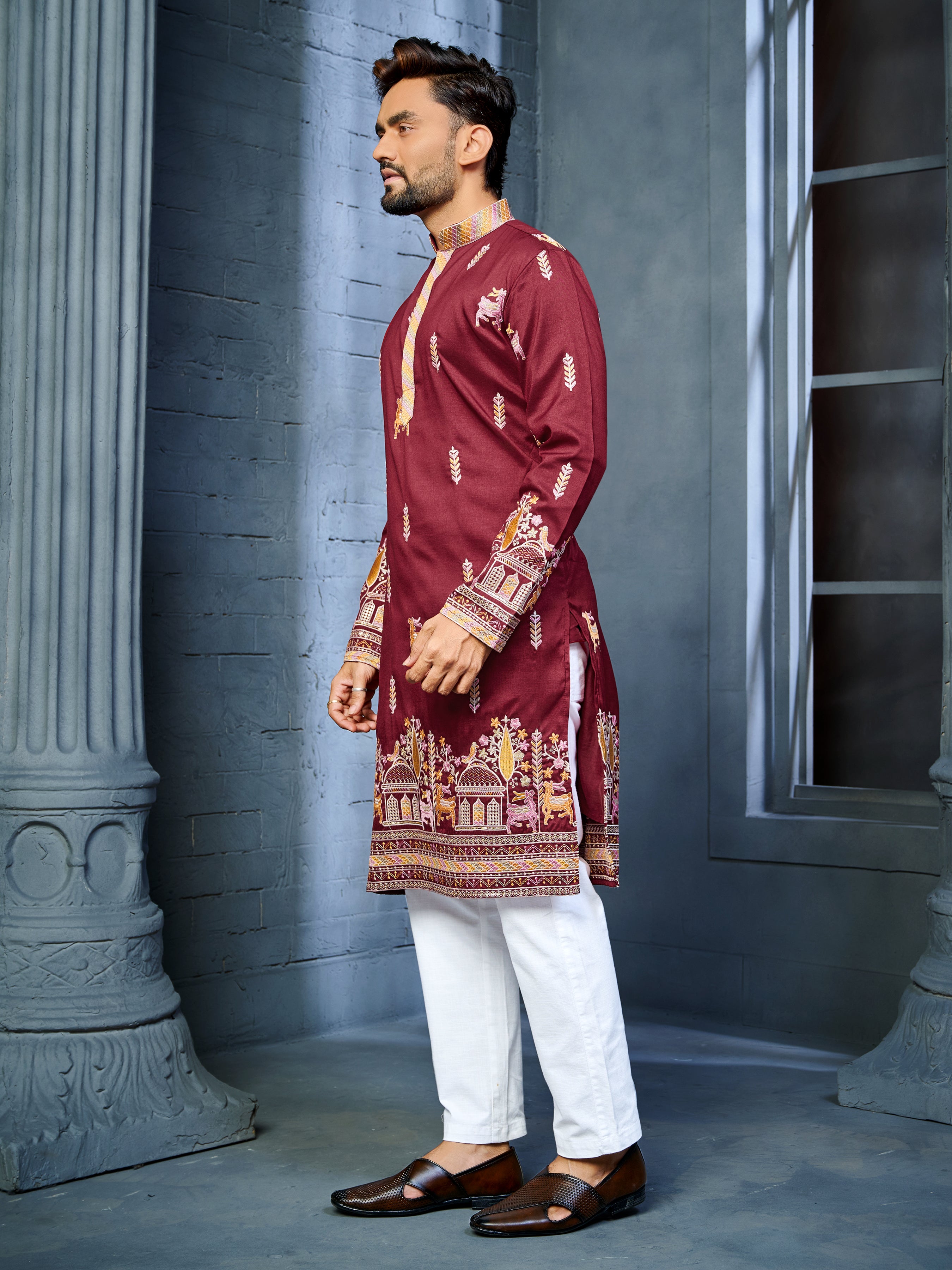 Men’s  Silk Kurta with Deer Embroidery Red