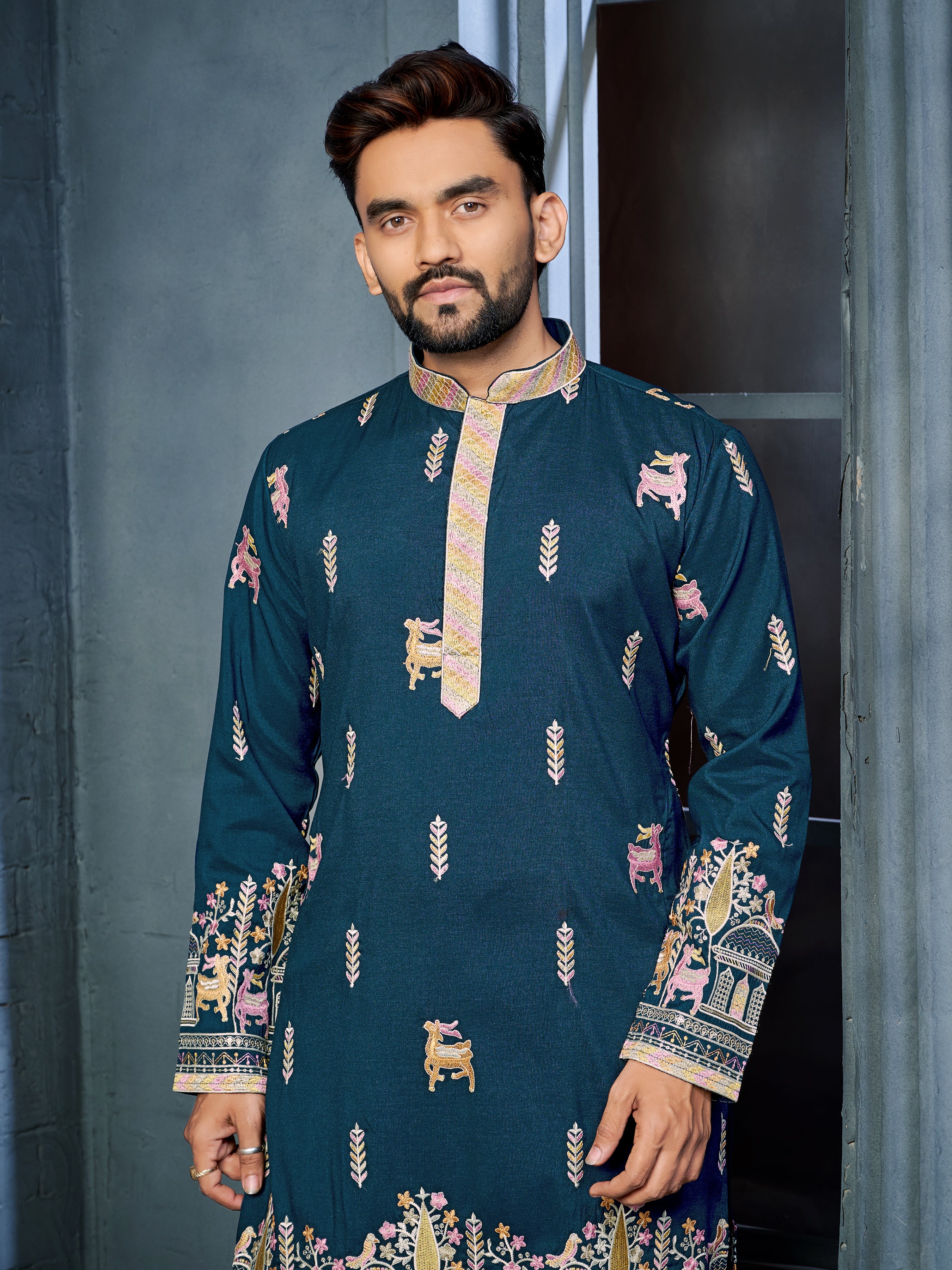 Men’s Silk Kurta with Deer Embroidery Bottle Green