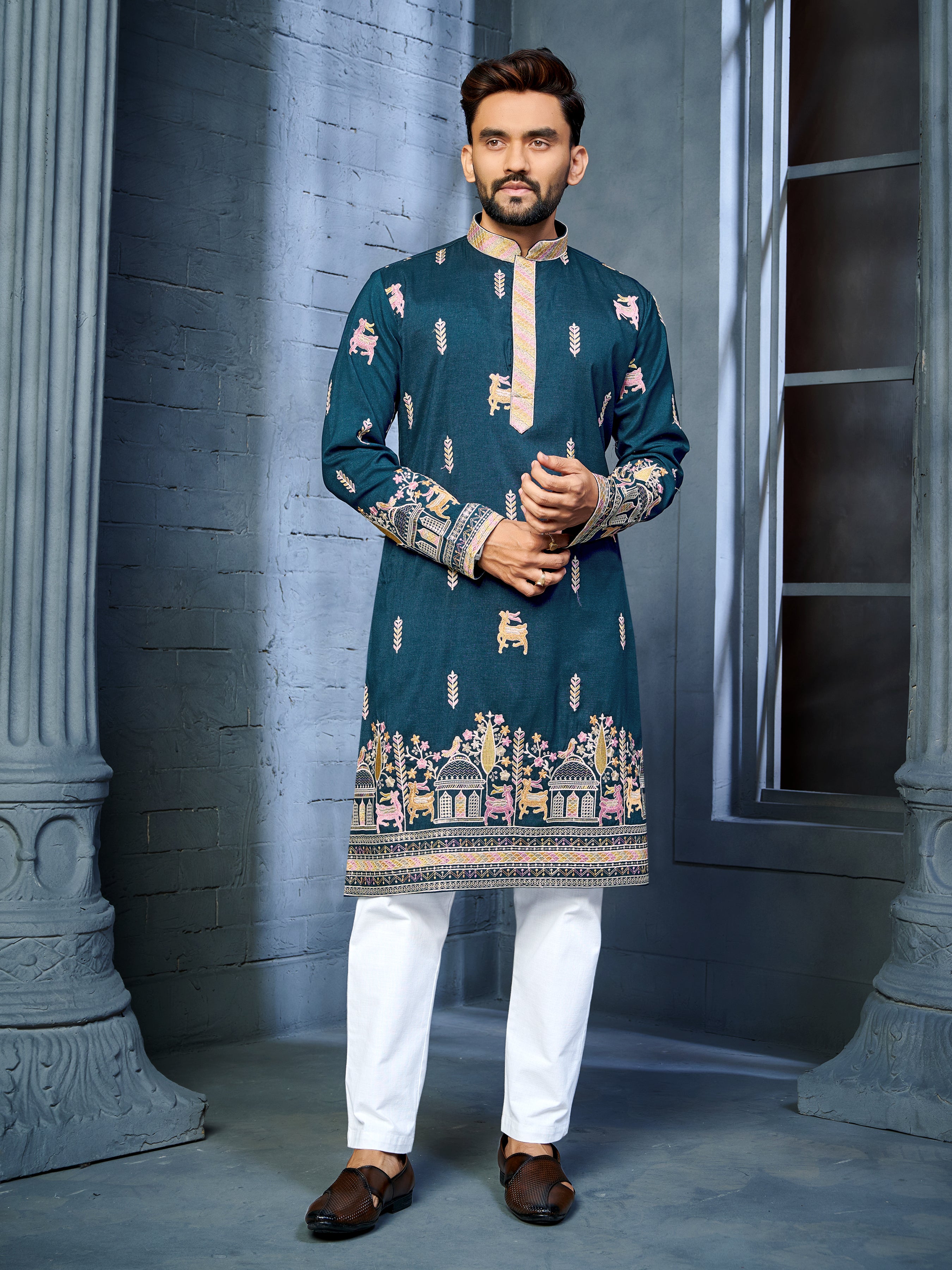 Men’s  Silk Kurta with Deer Embroidery Bottle Green