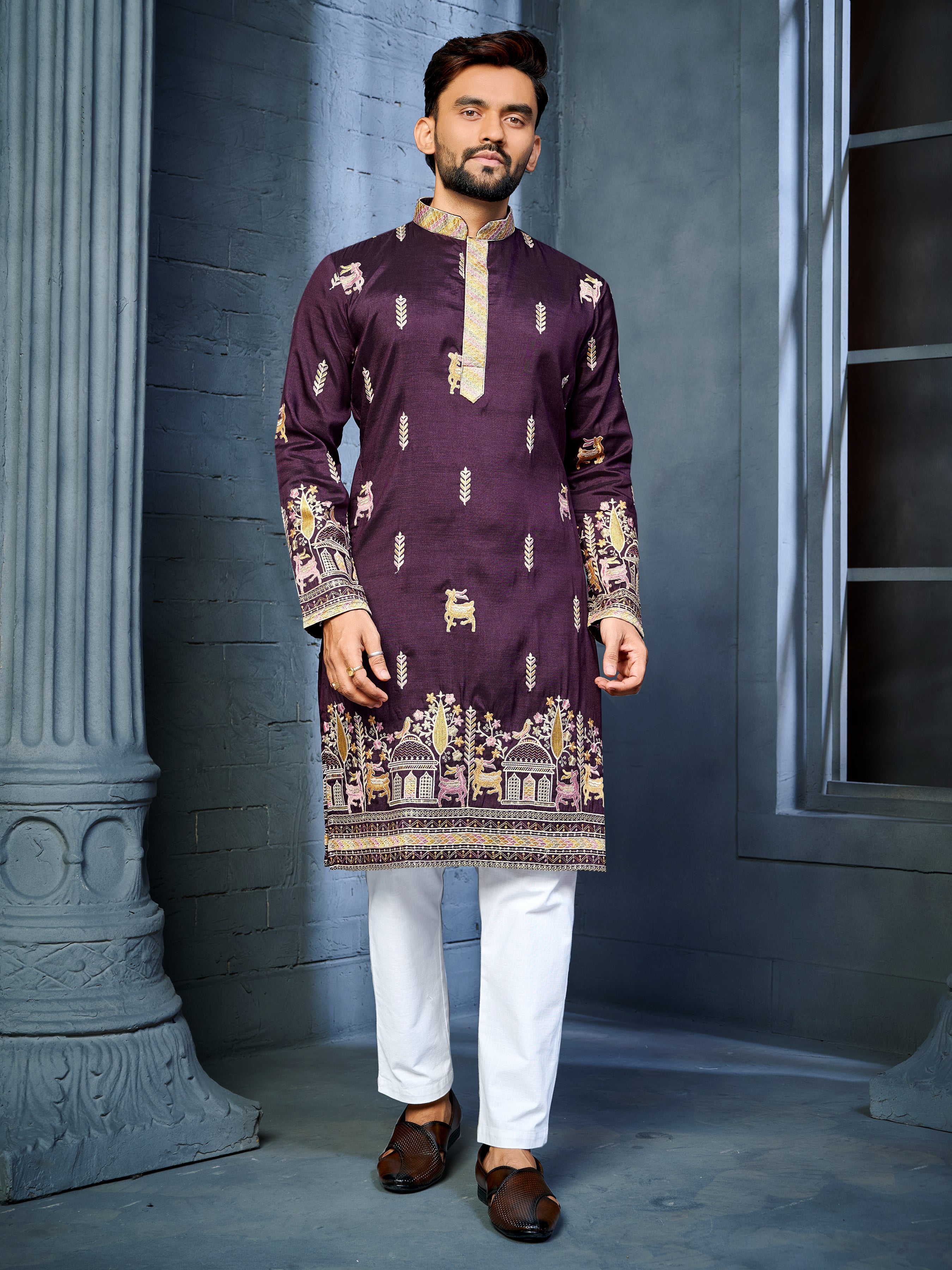 Men’s  Silk Kurta with Deer Embroidery Wine
