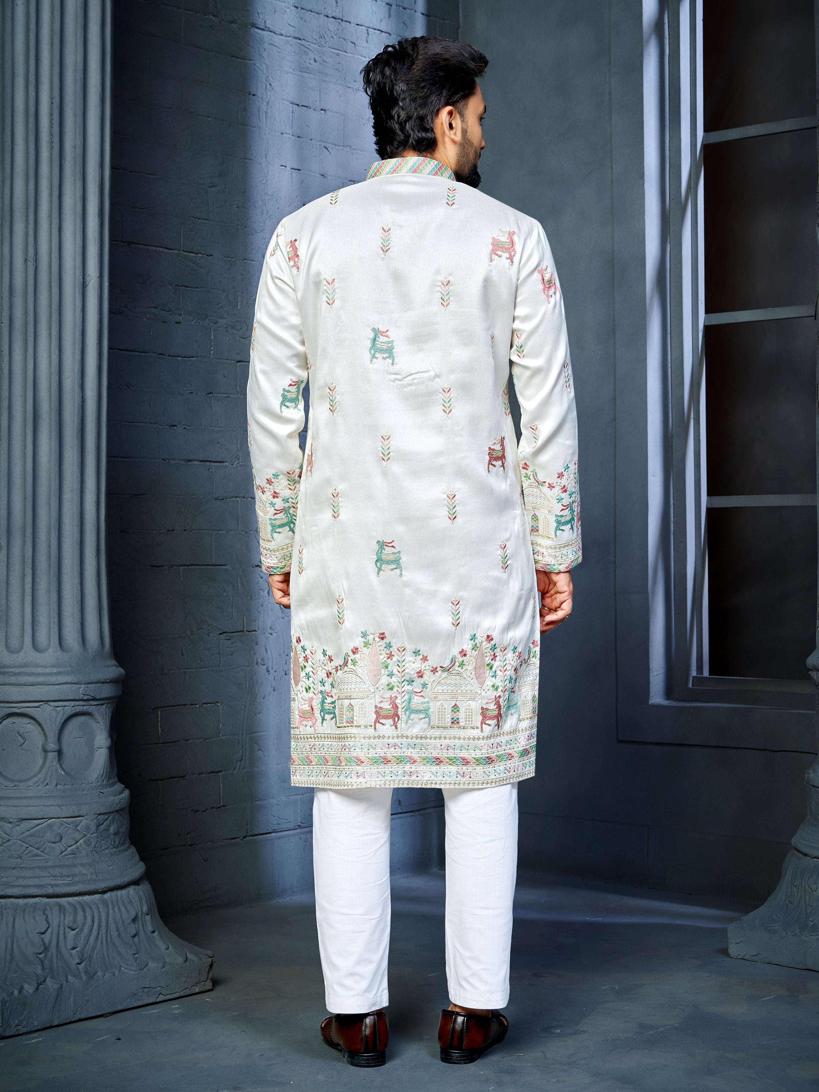 Men’s  Silk Kurta with Deer Embroidery White