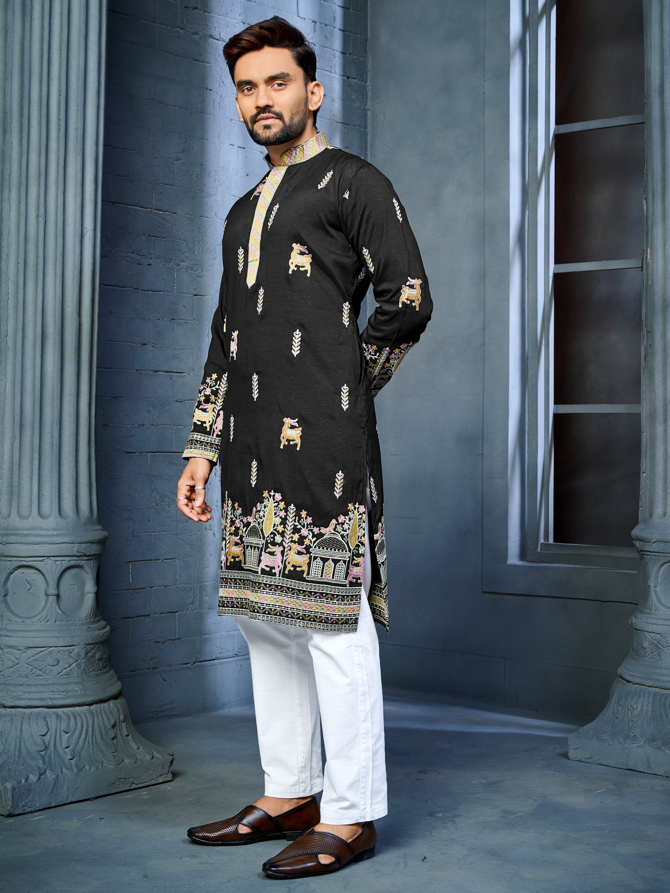 Men’s  Silk Kurta with Deer Embroidery Black