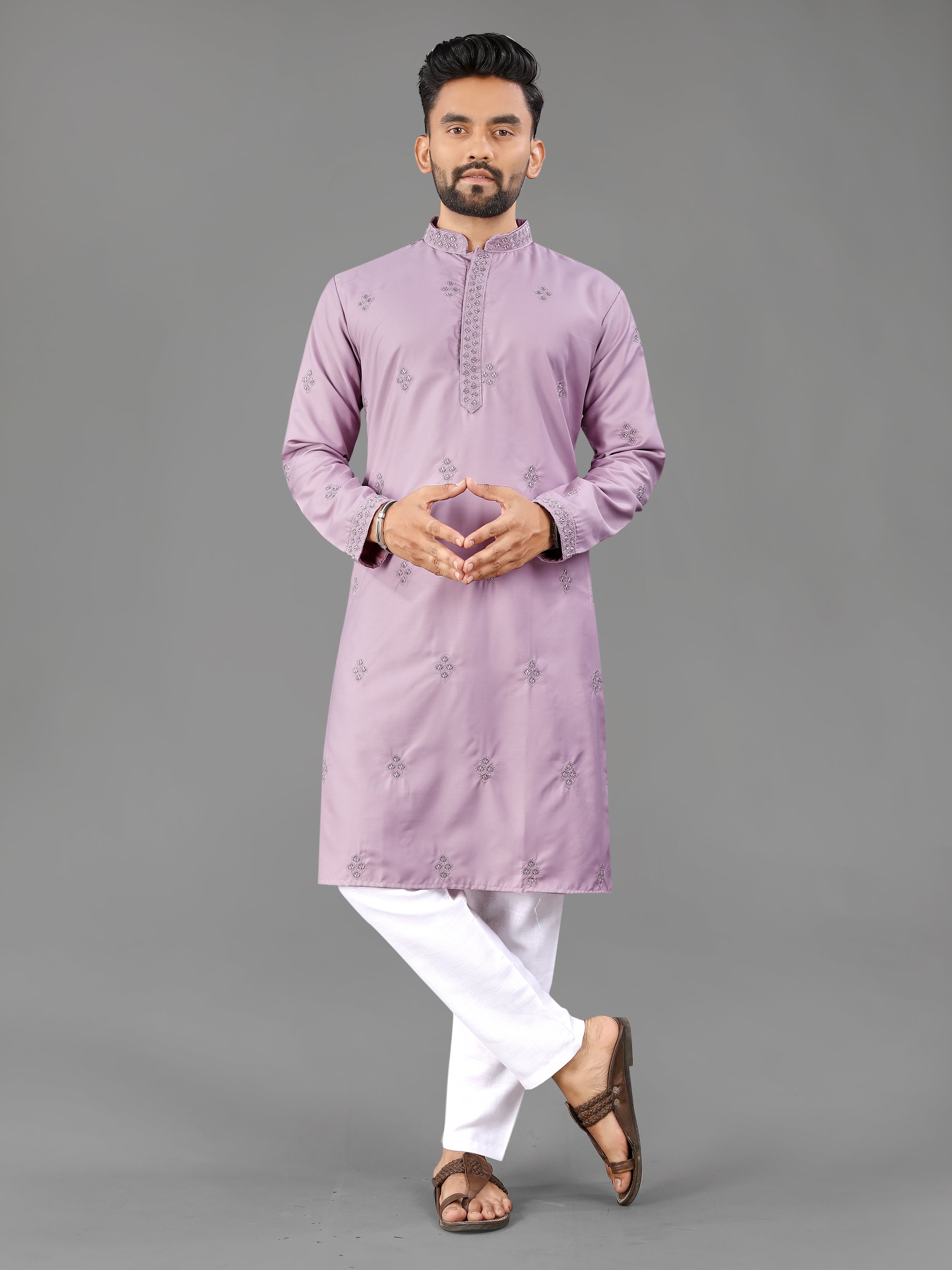 Men’s Val Moti Work Cotton Kurta Lavender