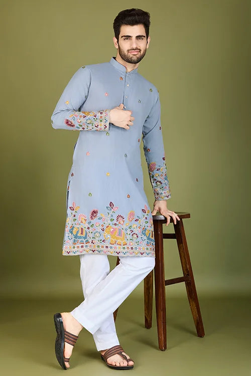 Men's Elegant Charm Cotton Embroidered Grey Kurta