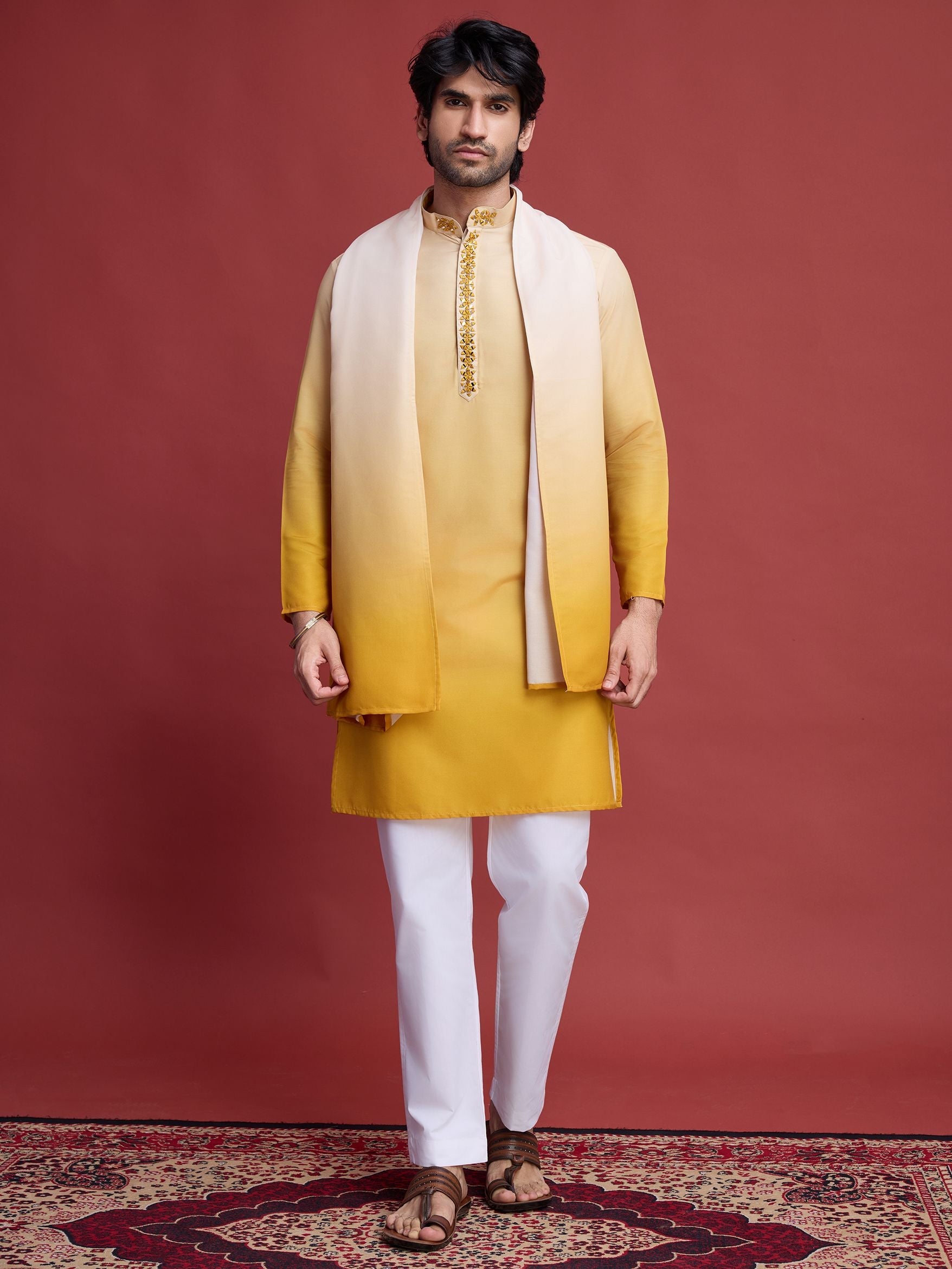 Men's Real Radiant Reflection Mirror Work Yellow Kurta