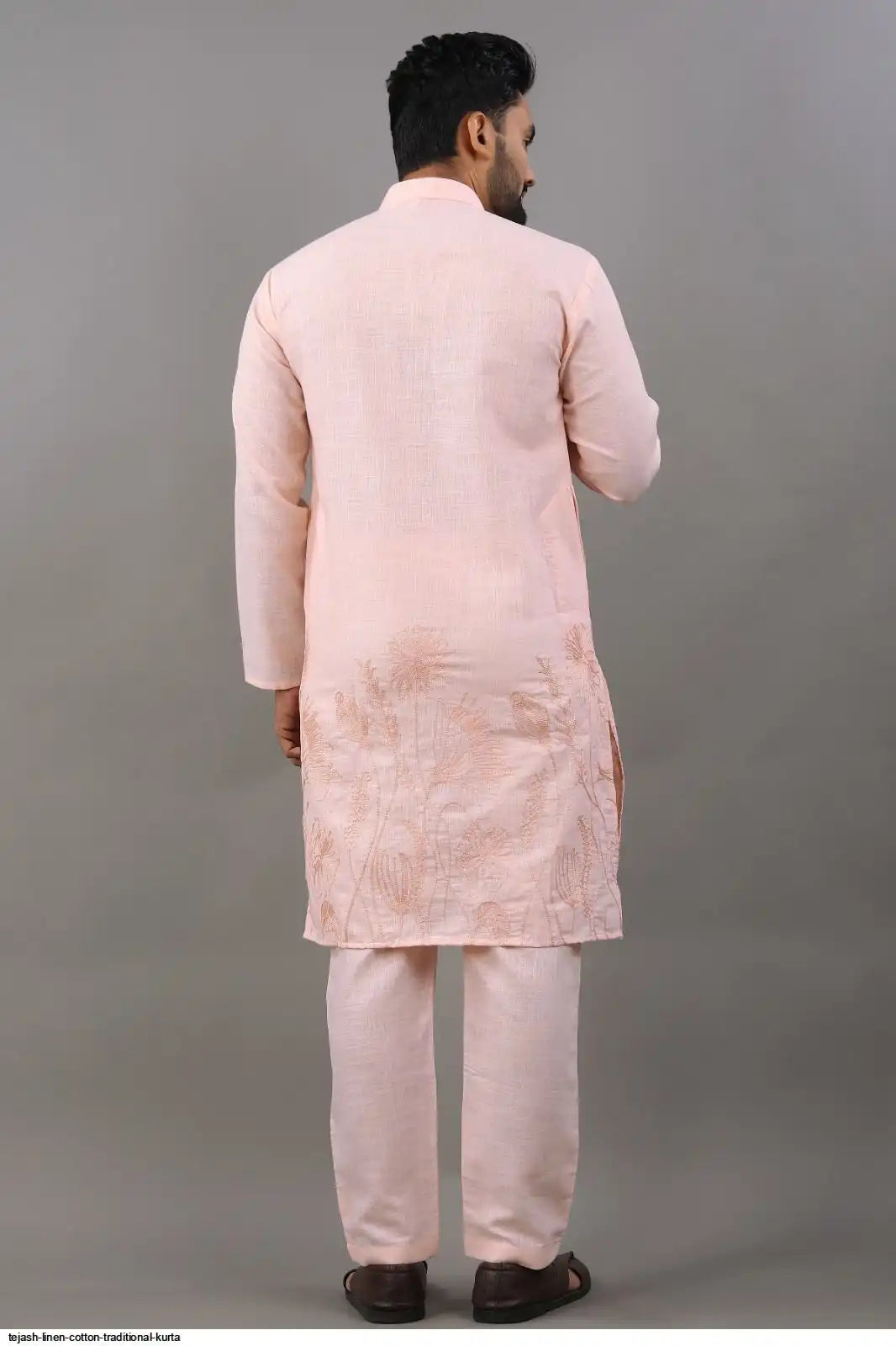 Men's Classic Linen Cotton Embroidered Peach Kurta Set