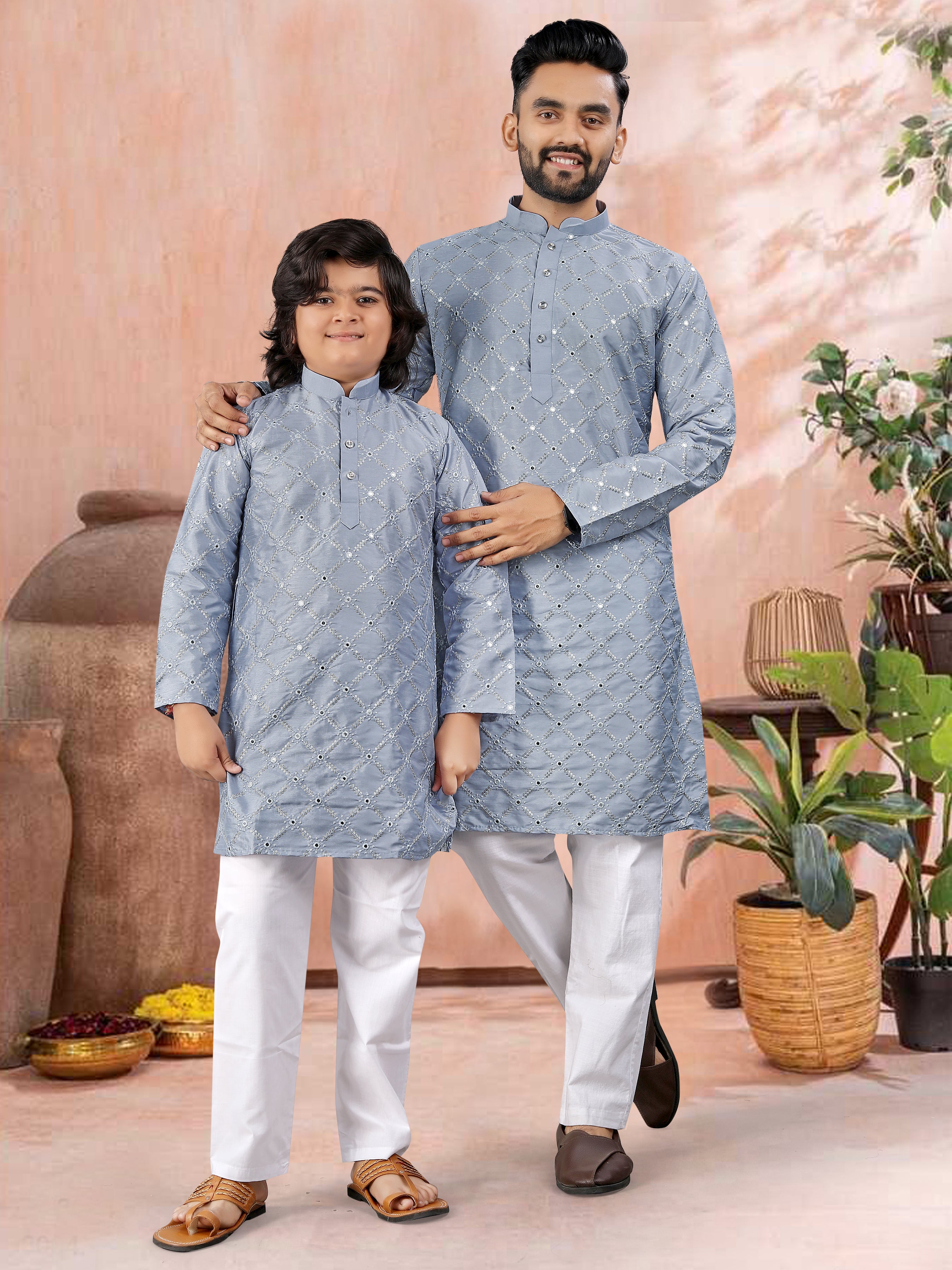 Men’s Heavy Silk Kurta with Embroidery & Cotton Pajama