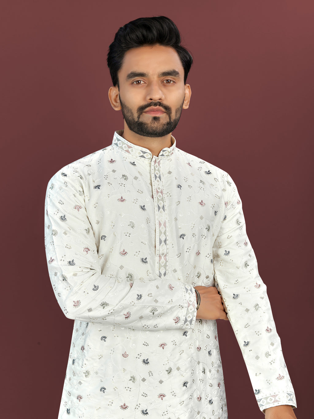 Men’s Multi-Colour Embroidery Kurta White
