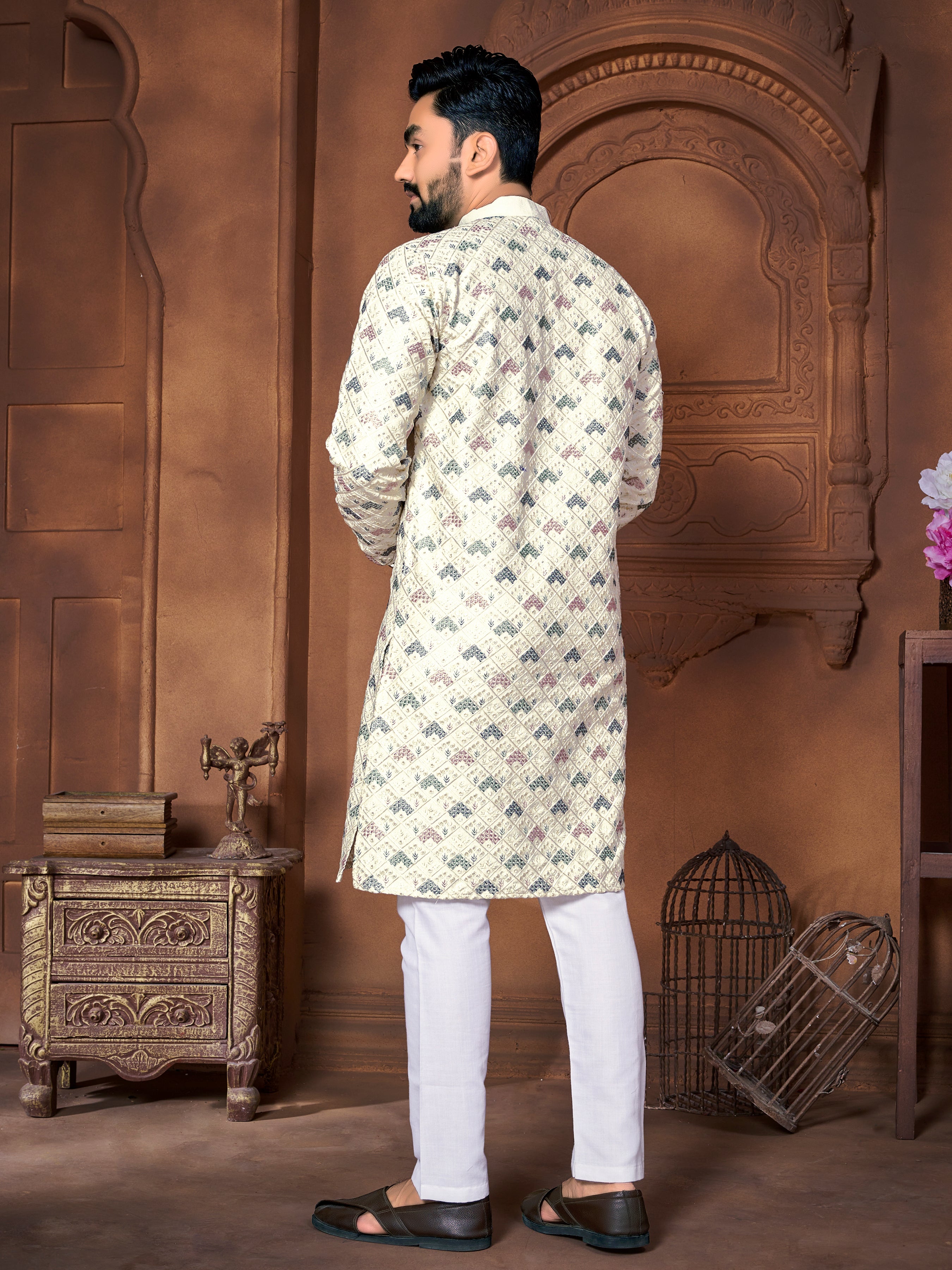 Men's Italian Silk  embroidered Kurta Ivory White