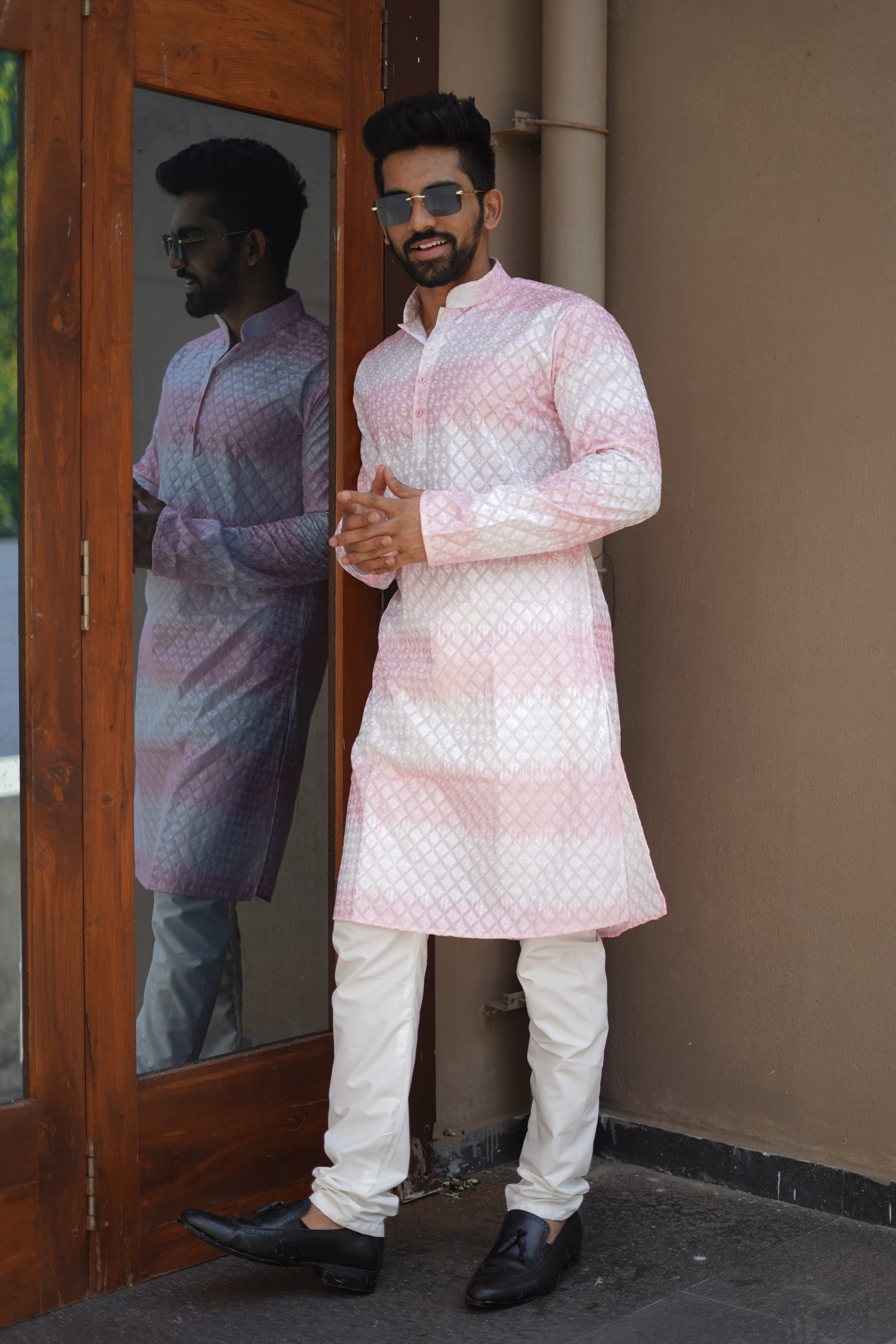 Men's Rainbow Print Cotton Kurta Pink