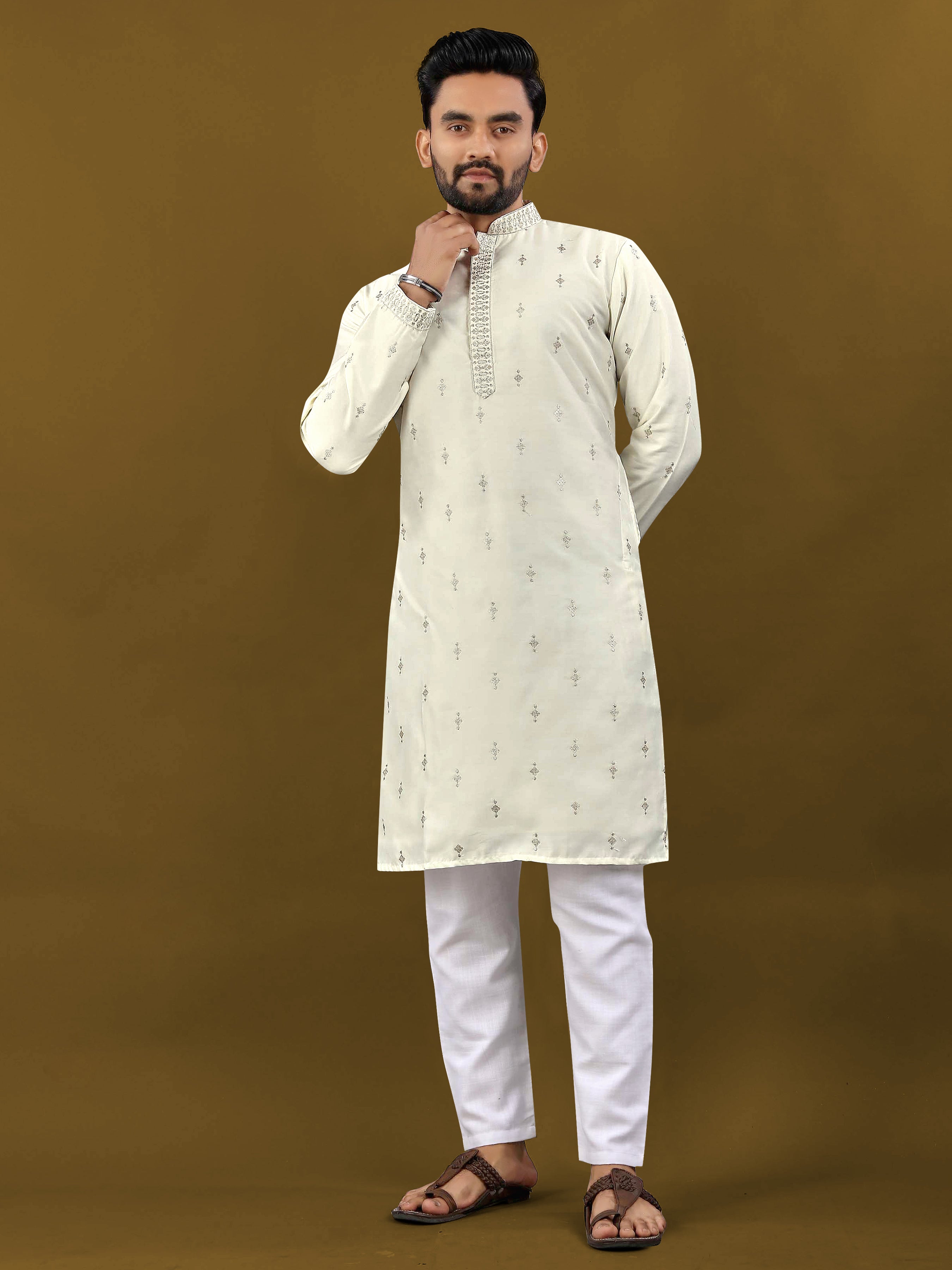 Men's Matka Silk Kurta Silver Jari Work Off white