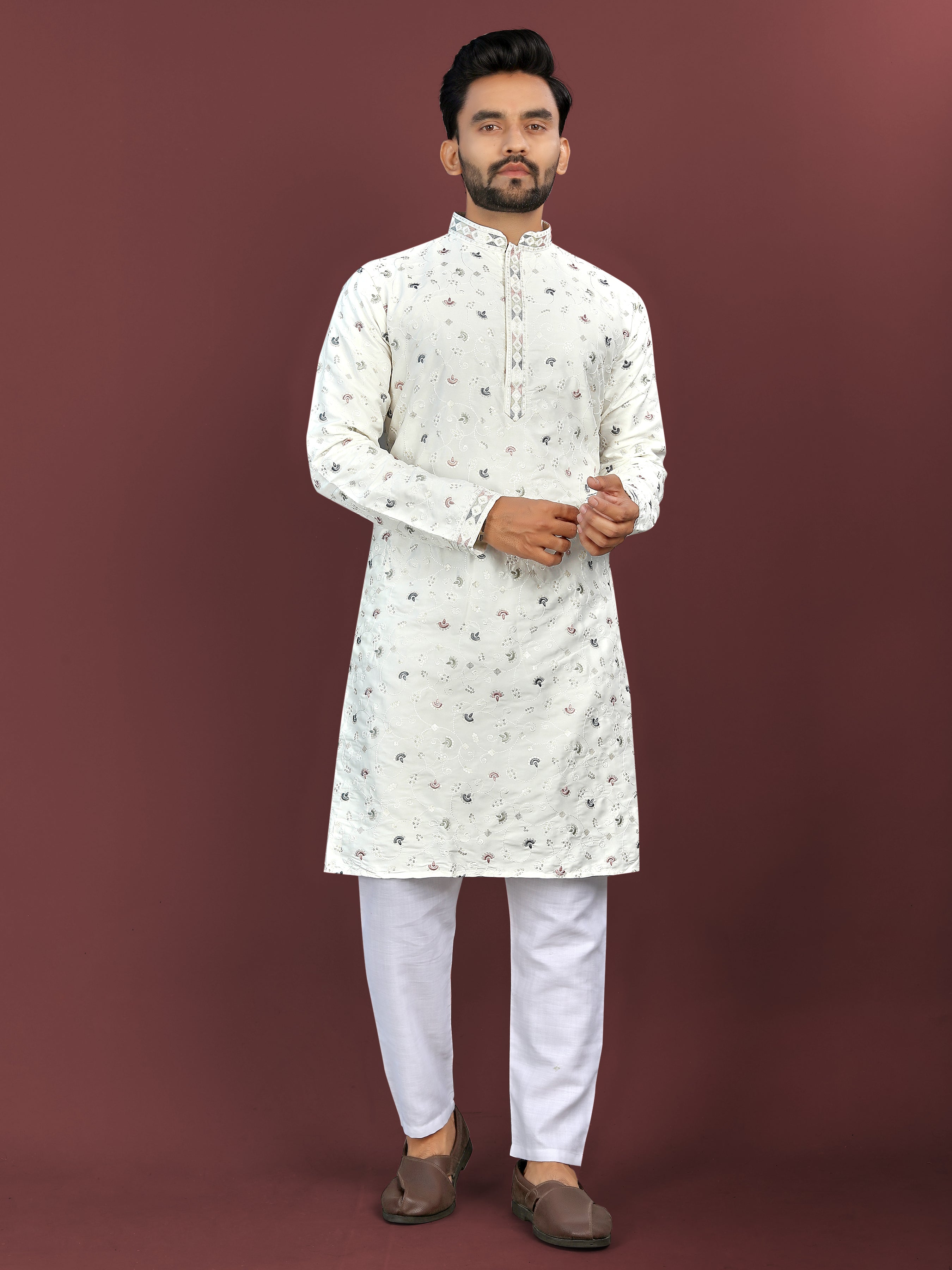 Men’s Multi-Colour Embroidery Kurta White